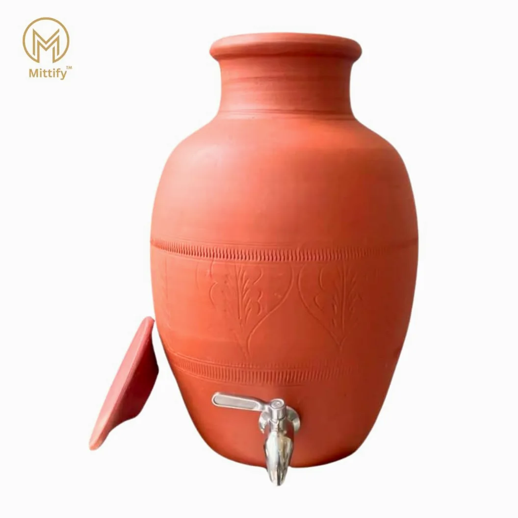 Pot d'eau fait main en terre cuite Rajasthani en acier inoxydable | Distributeur de terre 100 % écologique | Mitti ka Matka – 8 litres