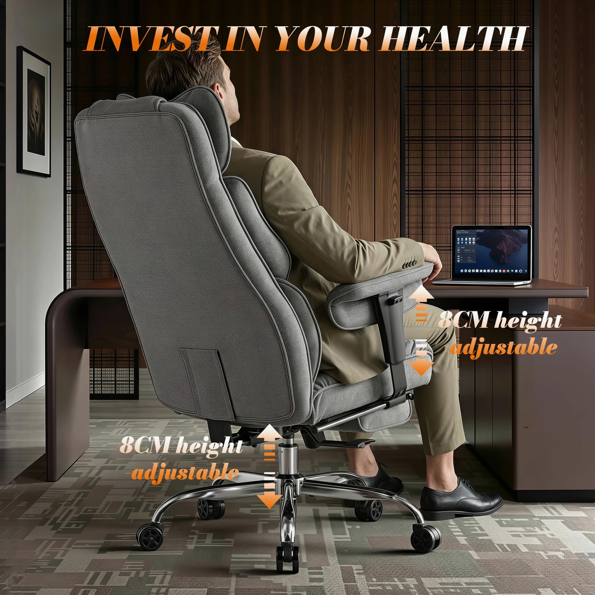Efomao Chaise de Bureau en Tissu Grande Taille, Fauteuil Ergonomique 200KG, Siège Ordinateur Réglable à Dossier Haut, Chaise Pivotante avec Repose-Pieds et Coussin Lombaire