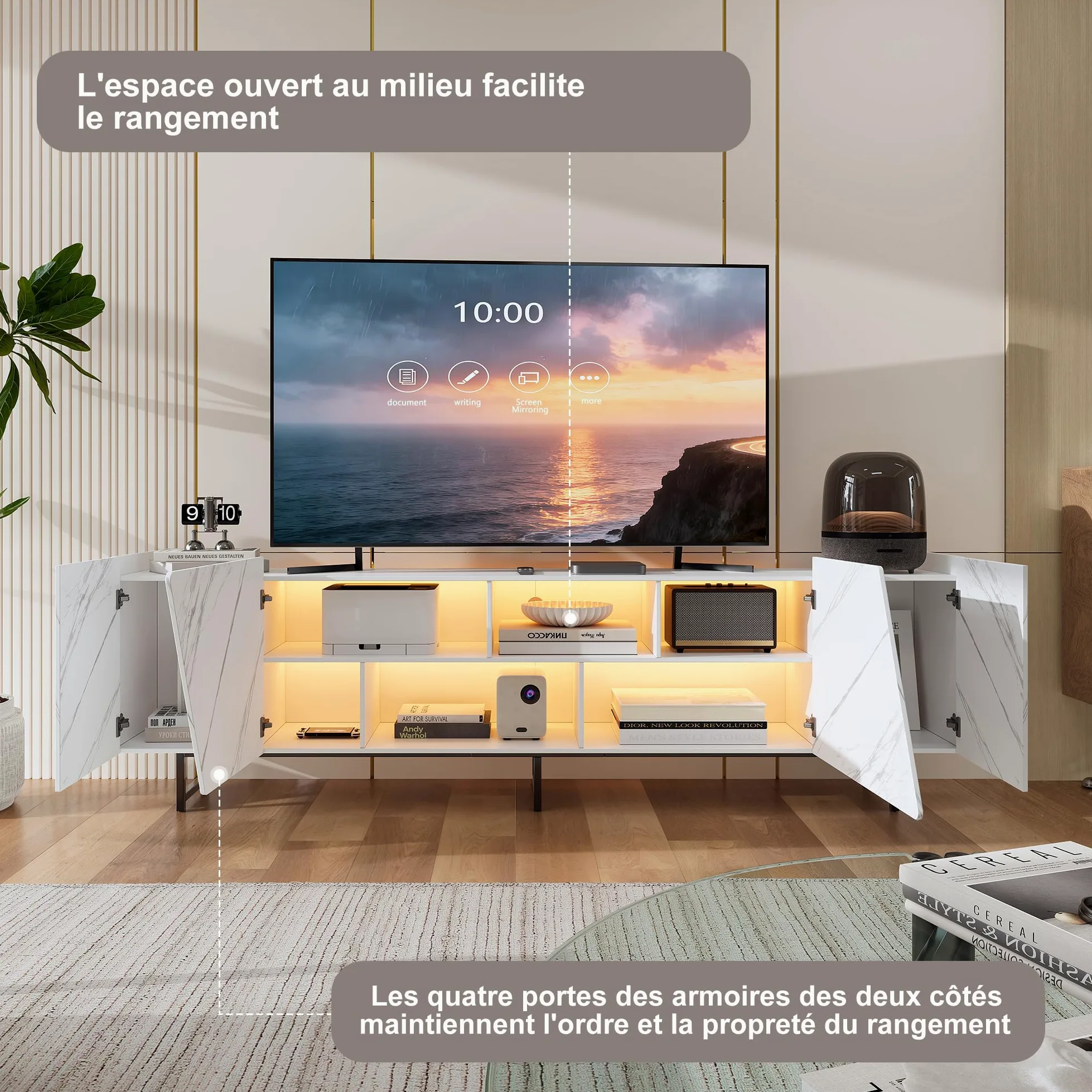 Meuble TV 220 cm avec éclairage LED RGB, Meuble TV Effet marbre avec 4 Portes et étagères Ouvertes, Meuble télévision Moderne avec Pieds en métal pour Salon