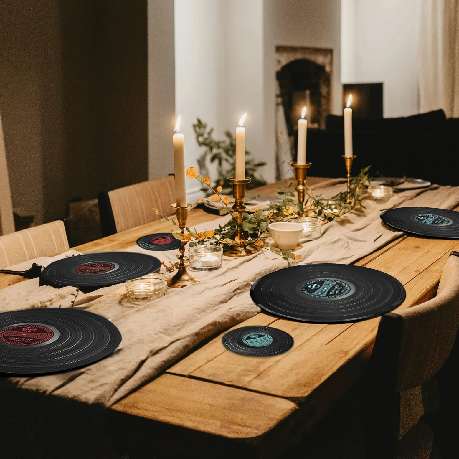 Lot de 4 sets de table et dessous de verre ronds en vinyle lavables résistants à la chaleur antidérapants de qualité alimentaire pour cuisine, restaurant, décoration d'intérieur