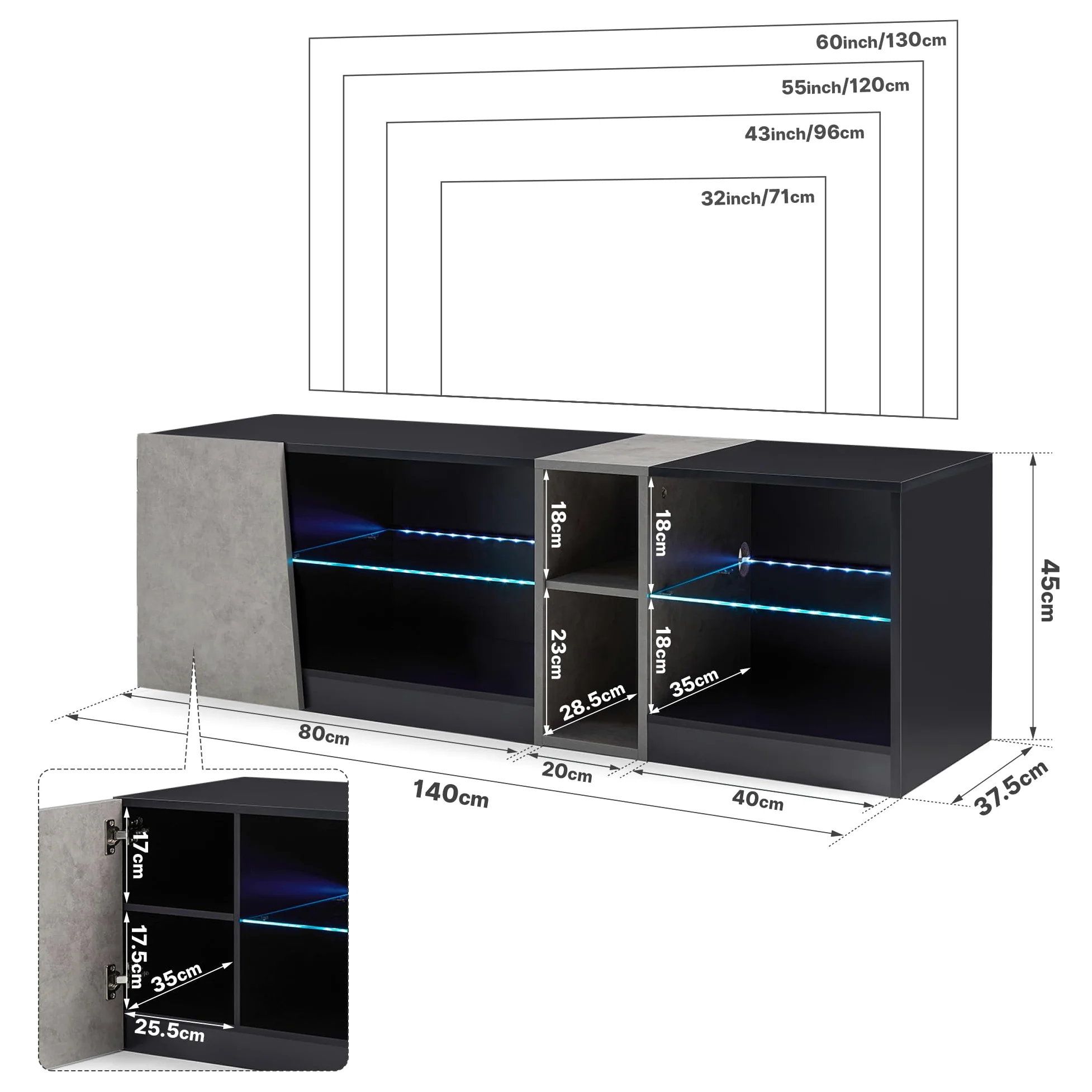 Mondeer Meuble TV, Support Télé LED avec 5 Compartiments et 1 Porte, pour TV de 55 Pouces, pour Salon Chambre à Coucher, W140 x H45 x D37,5 cm, Noir et Gris