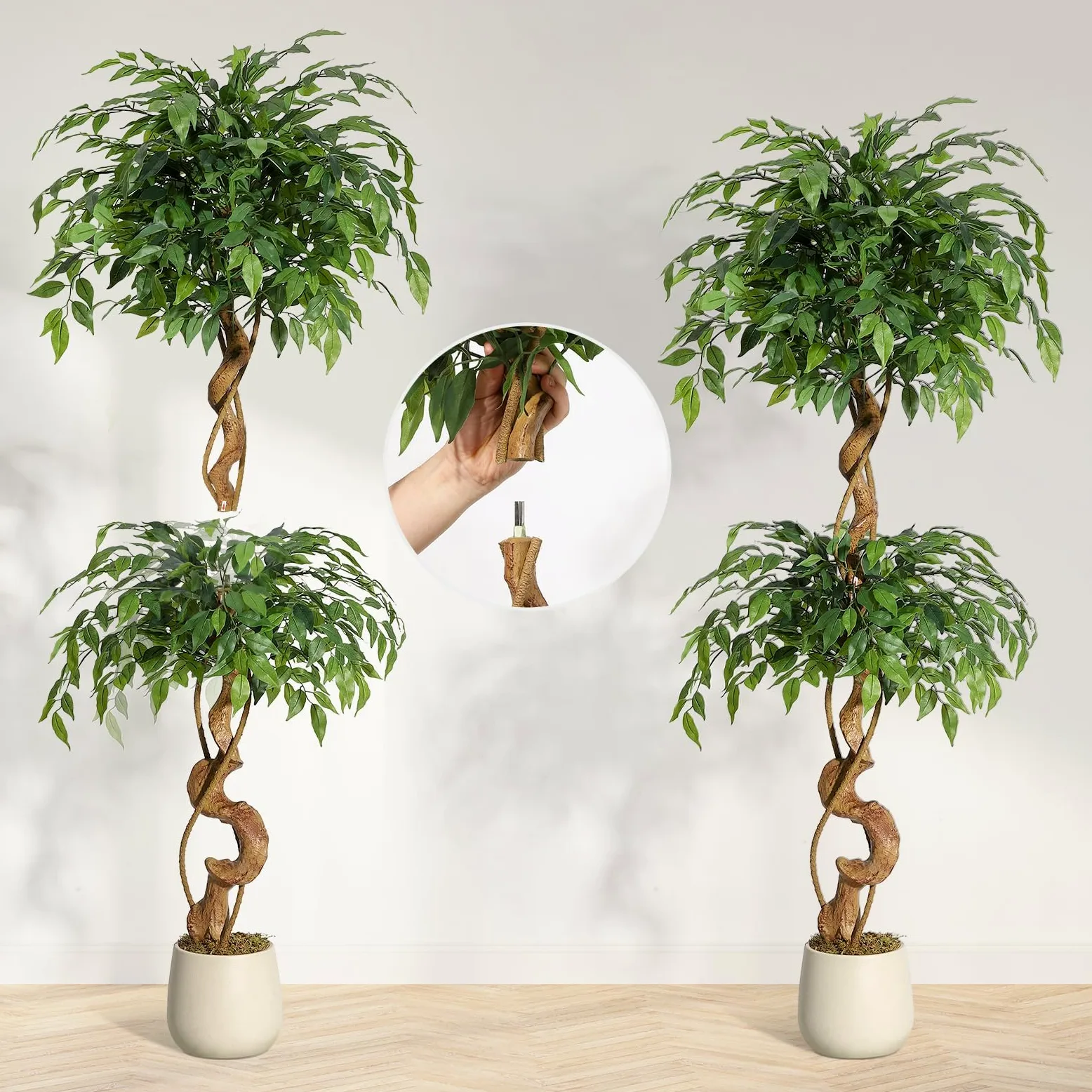 Ficus Artificiel 150 cm, Arbre Artificiel Intérieur Grande Plante Faux | Troncs Torsadés Naturels et Artistiques, Feuilles en Soie Haut de Gamme, Pot Blanc Inclus pour Décoration Maison Salon Bureau