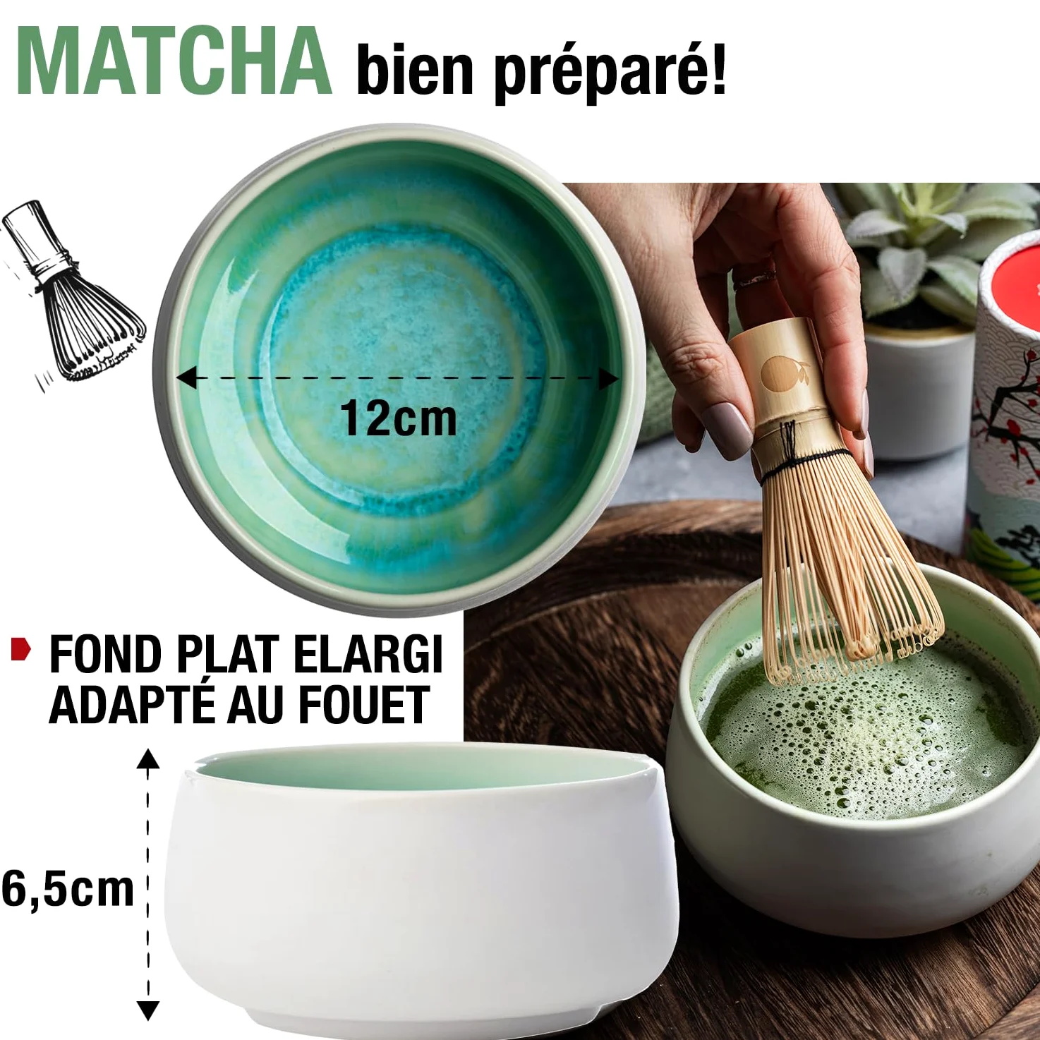 ORIGEENS Kit Matcha Complet JADE - Conditionné en France - Matcha Kit avec Bol Matcha Artisanal (Portugal), Fouet Chasen, Thé Matcha BIO Japonais et Cuillère doseuse Chashaku