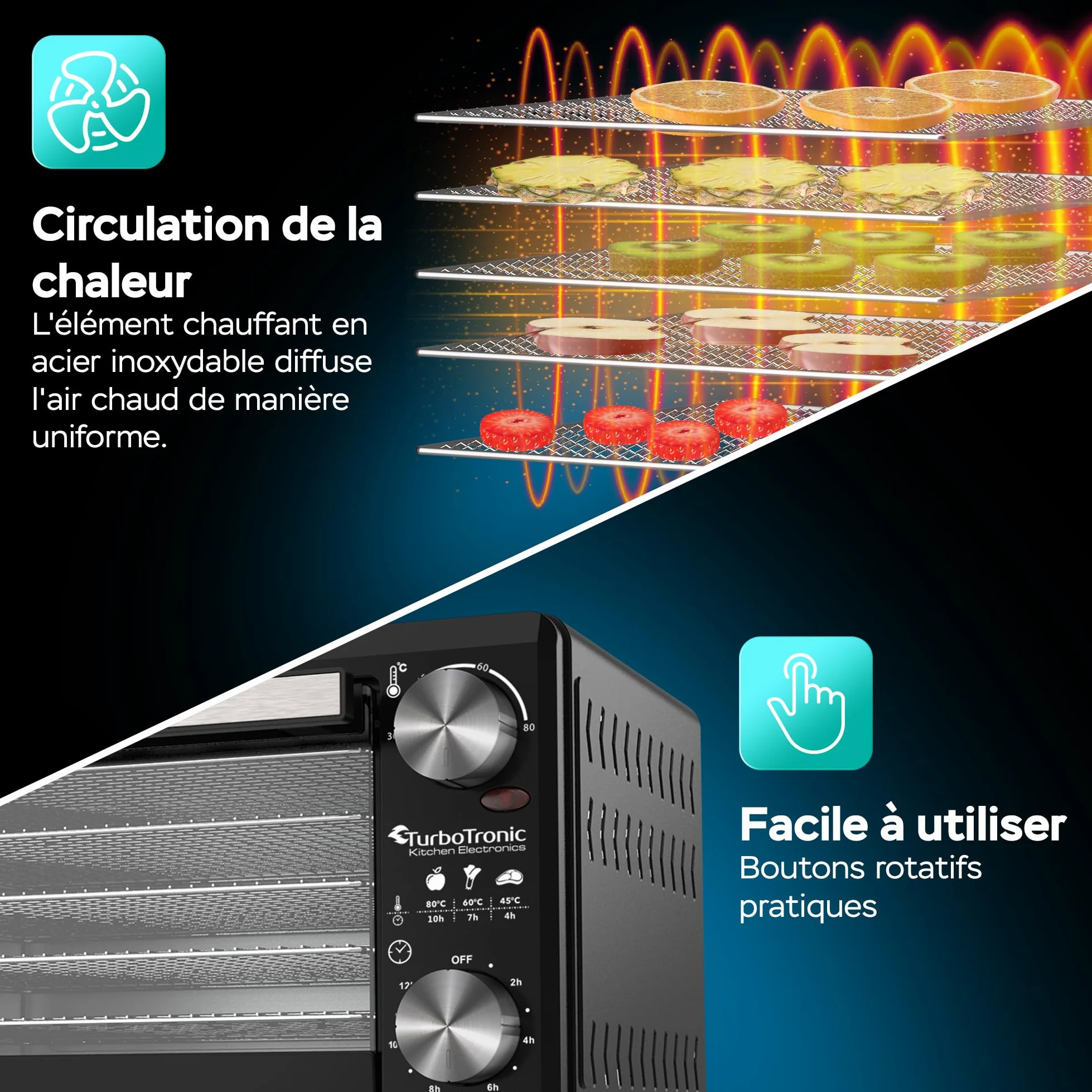 Déshydrateur TurboWave BIO entièrement en métal, 14 litres, fourni avec grilles, minuteur et cahier de recette, dehydrator food (14 Litres)