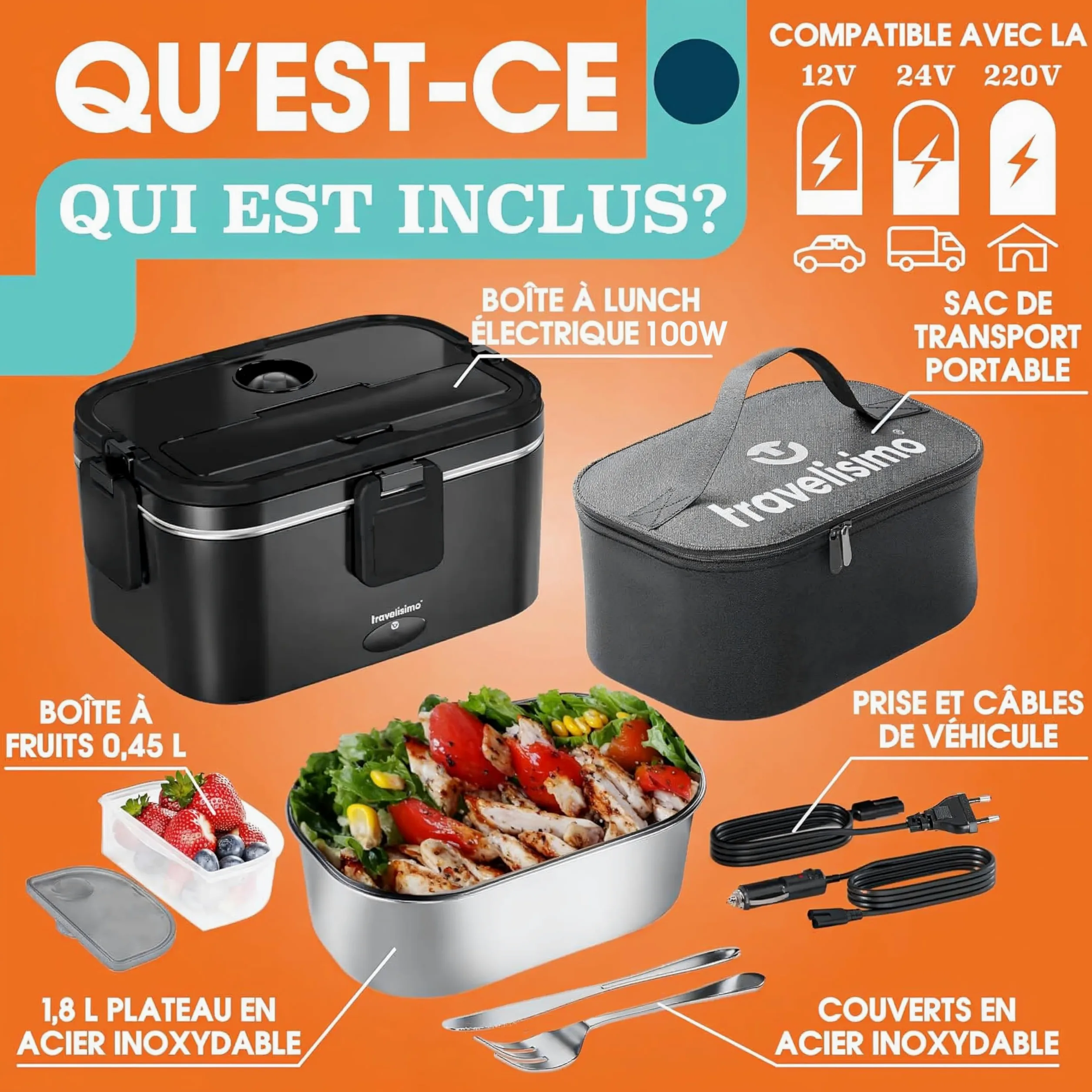 TRAVELISIMO XL Gamelle Chauffante Grande Capacité 1,8L Lunch Box Chauffante 100W Chauffe Repas 3 en 1 220V 24V 12V, chauffe Plat voiture, Gamelle Chauffante Allume Cigare, Acier Inoxydable