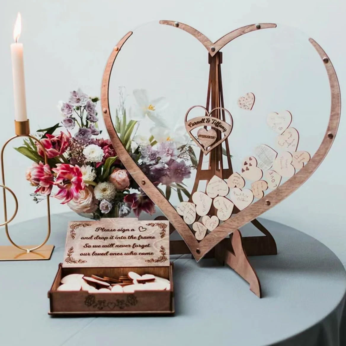 Alternative au livre d'or de mariage personnalisé, livre d'or personnalisé en forme de cœur transparent, boîte d'invités en bois en forme de cœur