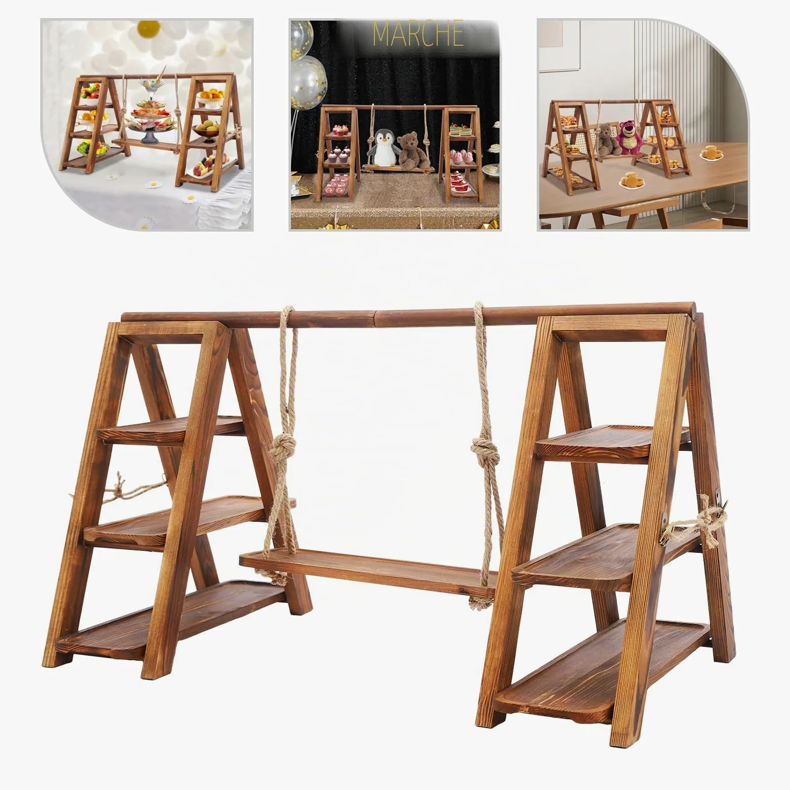 Plateau de service en bois - Présentoir à dessert en bois à 3 étages - Échelle de service rustique graduée - Support à dessert de ferme - Pour gâteaux, collations, fruits, chips
