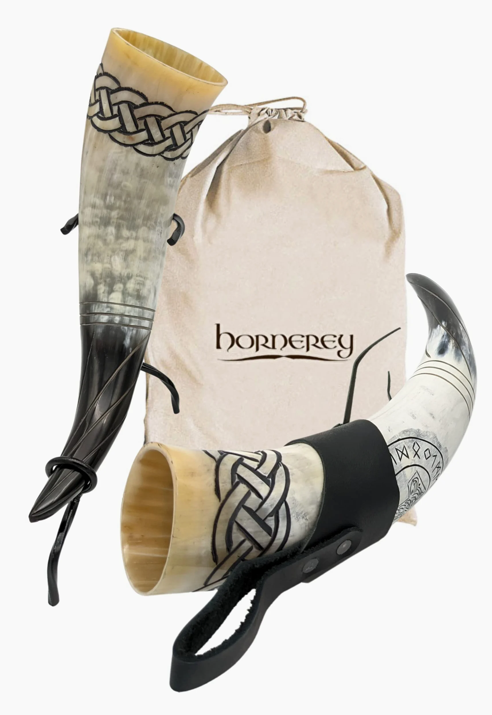Corne à boire de Thor, 500 ml, Médiévale, Gravures nordiques, Mjölnir et nœuds nordiques, Kit Viking avec support et porte-ceinture en cuir
