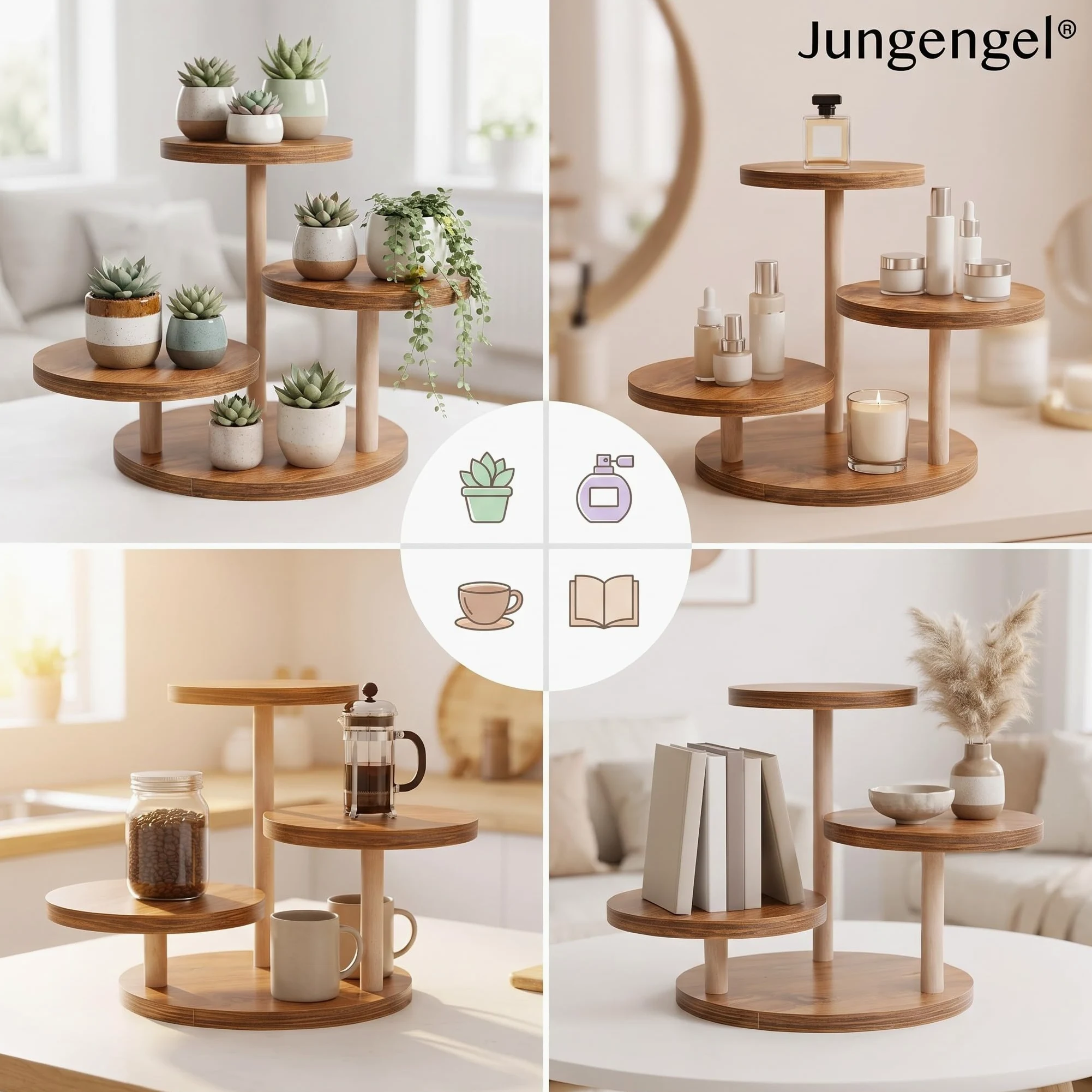 Présentoir à Gâteau 3 Niveaux en Bois Ø 22 cm stable | Support cupcakes, fruits & buffet apéritif. Montage sans outils, 3 niveaux décalés - idéal aussi en cadeau.