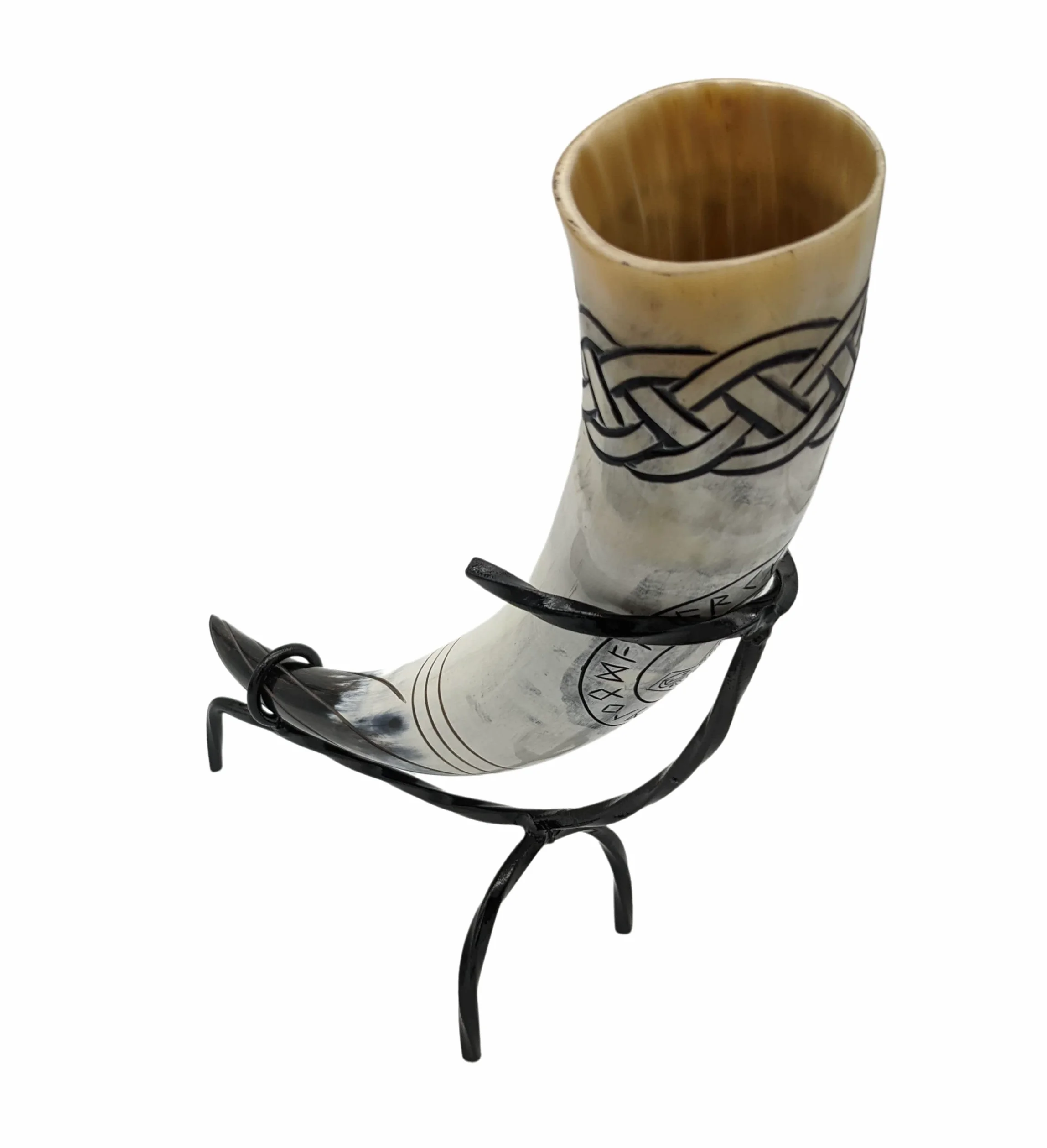 Corne à boire de Thor, 500 ml, Médiévale, Gravures nordiques, Mjölnir et nœuds nordiques, Kit Viking avec support et porte-ceinture en cuir