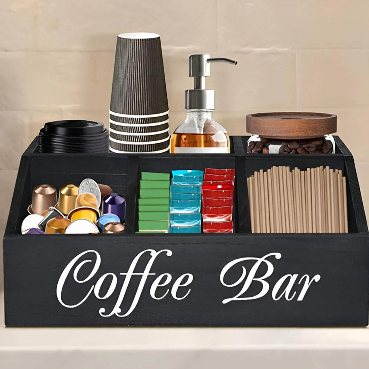 Étagère à café en bois | Organisateur de condiments de café | Plateau de rangement pour café | Panier de rangement pour dosettes de café avec séparateurs amovibles pour la maison, le bureau