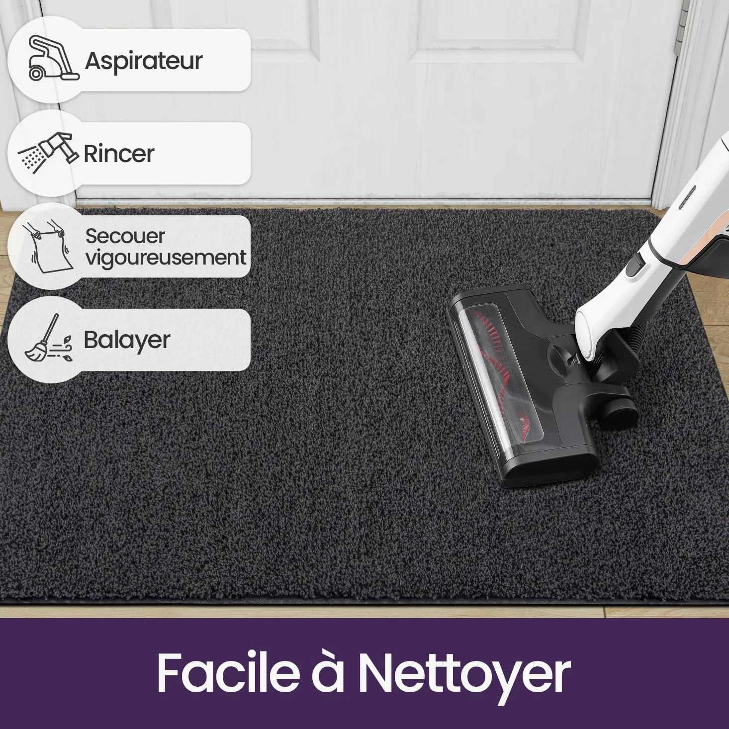 DEXI Paillasson Interieur Entree 60 x 90 cm, Tapis d'Entrée Antidérapant Lavable en Machine, Tapis de Sol avec Microfibres Douces Absorbantes pour Entrée, Couloir, Chien, Noir-Gris