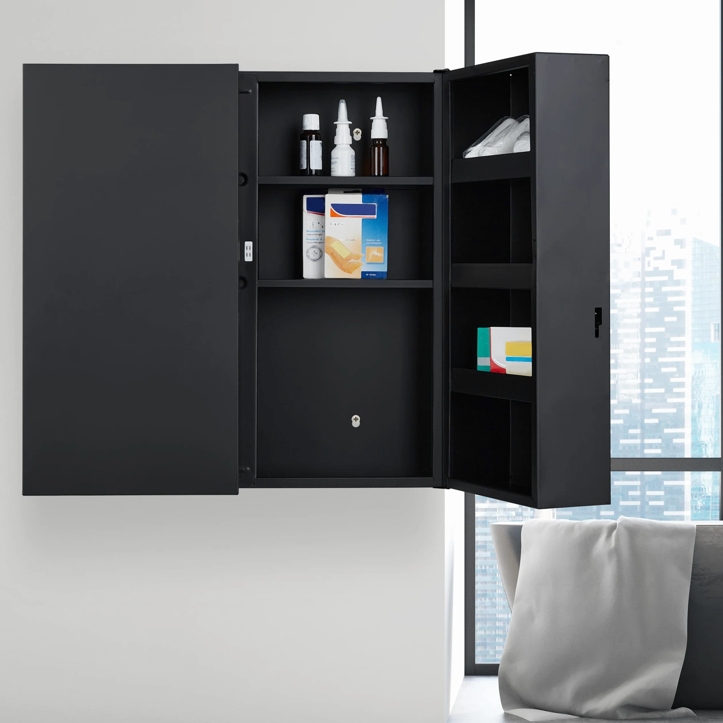 Relaxdays Armoire à Pharmacie XXL, verrouillable, 11 Niveaux, Acier, HLP: 53,5x53x19 cm, Armoire 2 Portes, Anthracite