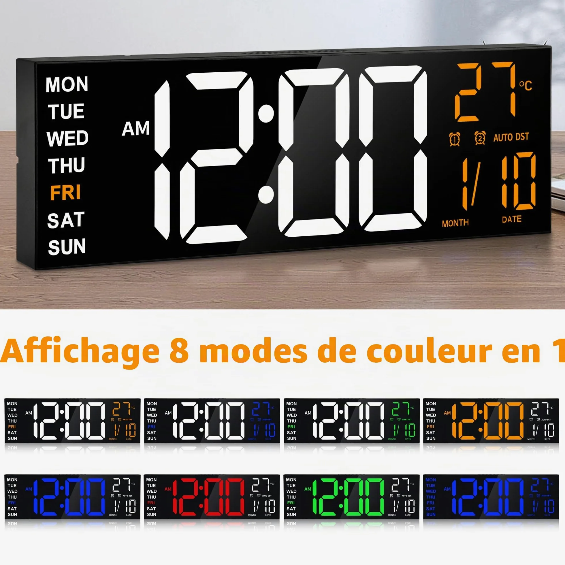 Horloge Numérique Murale 16,5" avec Minuteur, Lumière Nocturne, 2 Réveils, 8 Couleurs RGB, Réglage Auto de la Luminosité, Température, Date, 24/12 Heure pour le Salon, Chambre, Bureau, Seniors