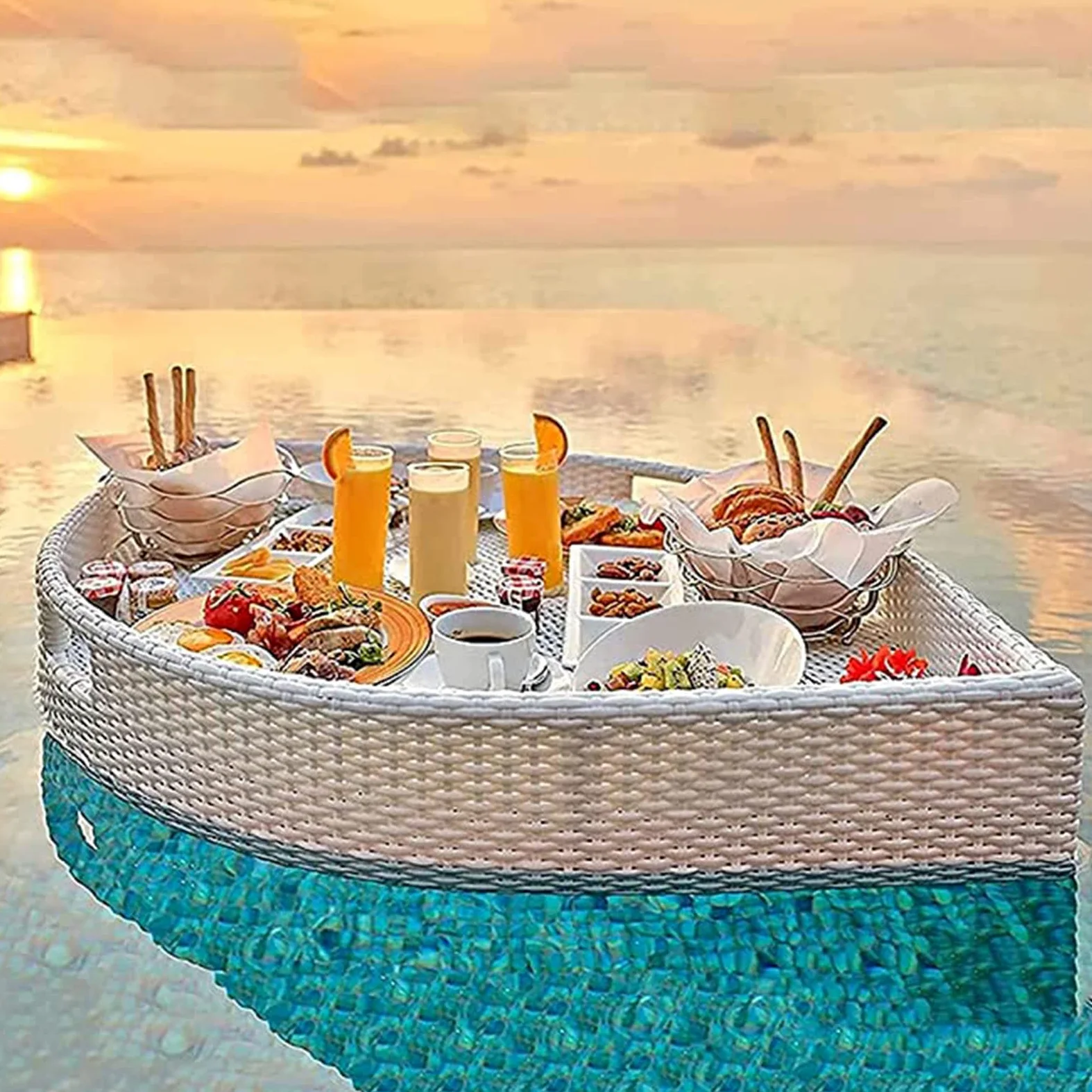 Table et Bar à Plateau Flottant, Plateau Flottant en Forme de Feuille pour fêtes de Piscine, Table de Panier de Service soigneusement tissée à la Main en rotin pour Servir des Boissons à la