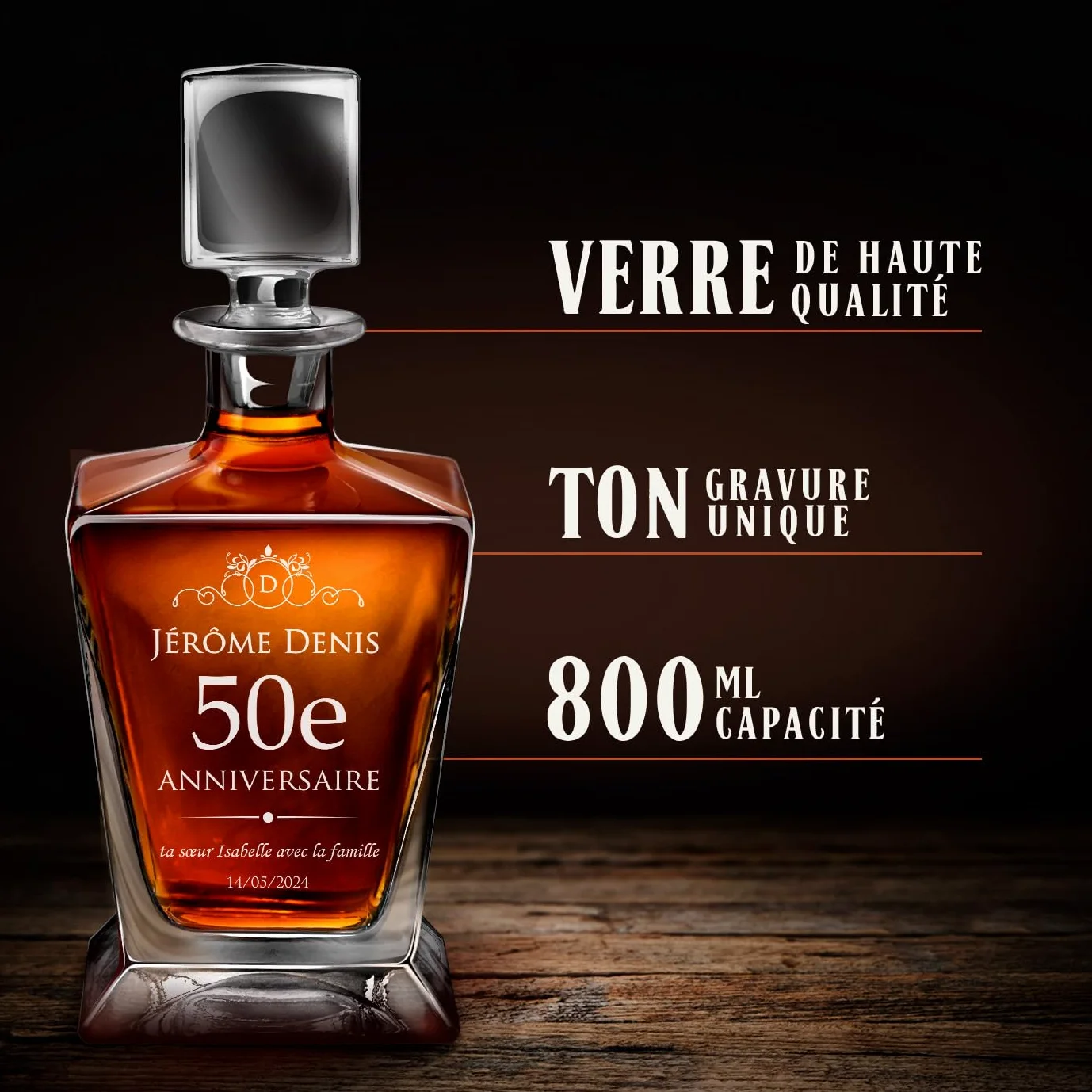 Maverton Ensemble de Carafe et 2/4 / 6 verres à whisky avec personnalisation - Set en verre transparent pour homme - pour anniversaire - pour lui - pour dégustation de whiskey - 50 ans