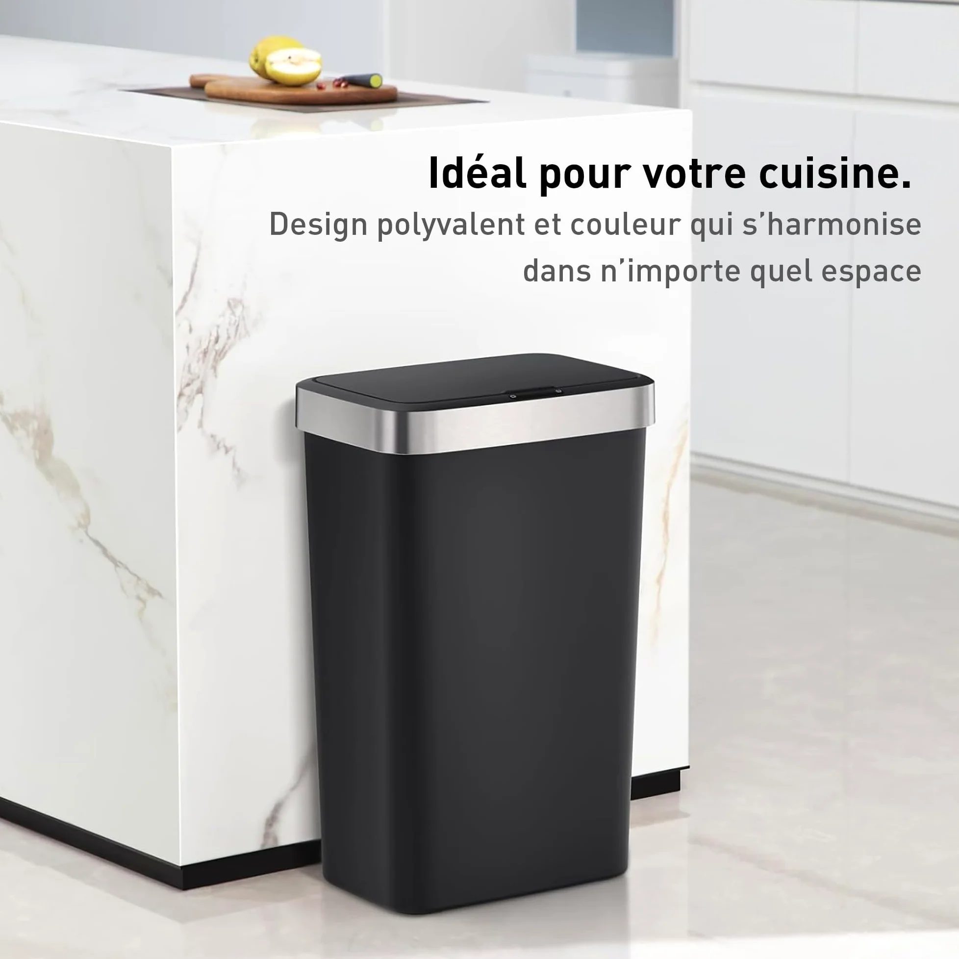 EKO | Poubelle de Cuisine 50 L avec capteur Automatique et Fermeture en Douceur | Poubelle Noire à Piles | Finition Anti-Traces de Doigts, Base antidérapante et Support de Sac