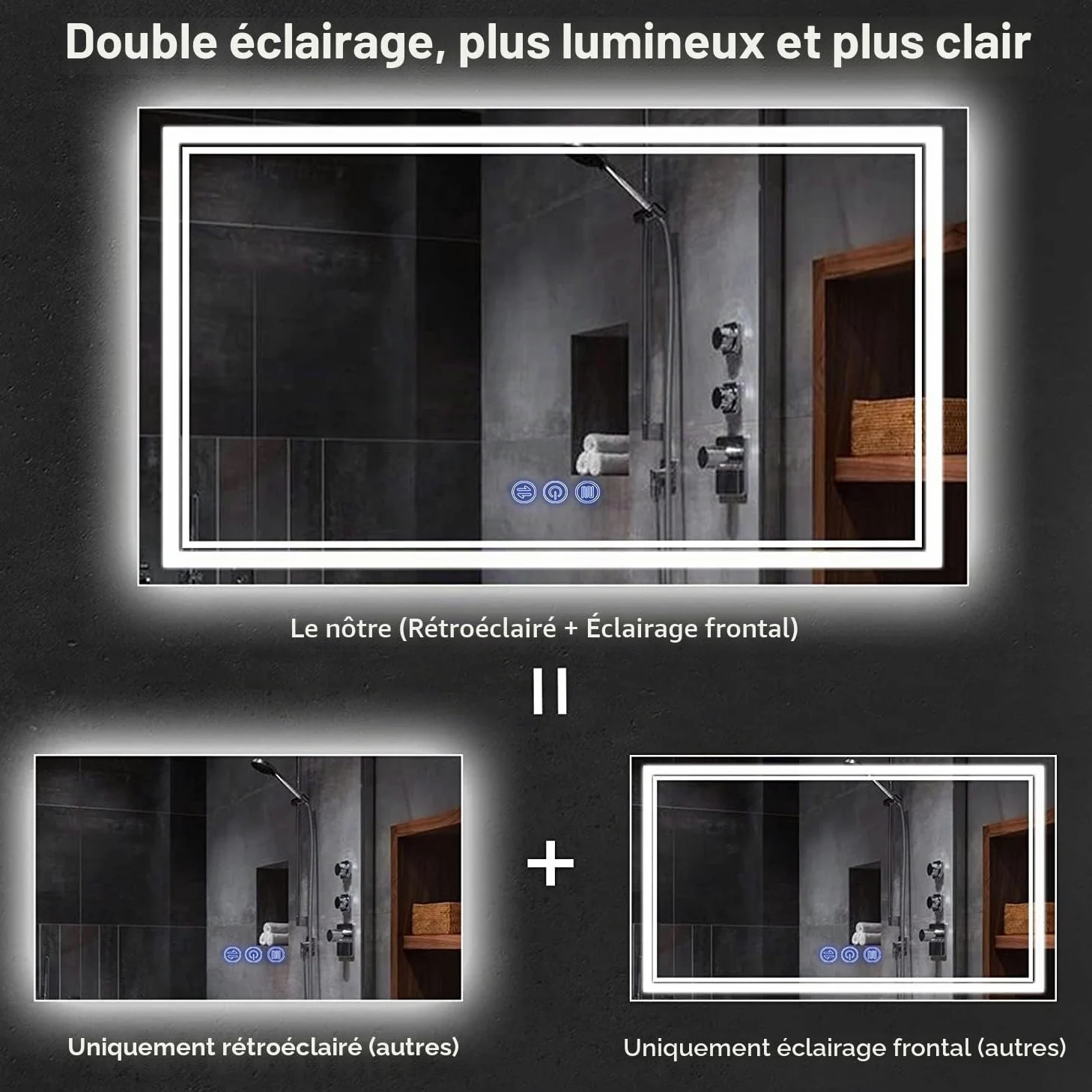Miroir de Salle de Bain, avec éclairage, 120 x 70 cm, Miroir Mural et Interrupteur Tactile, IP65 LED, avec Fonction mémoire, 3 températures de Couleur, Horizontale/Verticale, Verre trempé HD