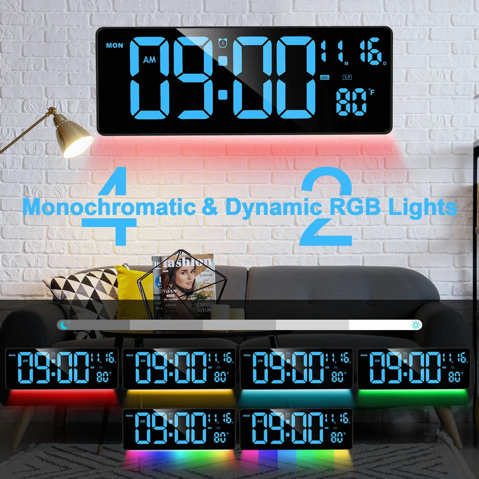 XREXS Horloge murale numérique avec grand écran, horloge murale LED de 41,5 cm (16,5") avec 6 veilleuses à changement de couleur, compte à rebours DST automatique avec contrôle