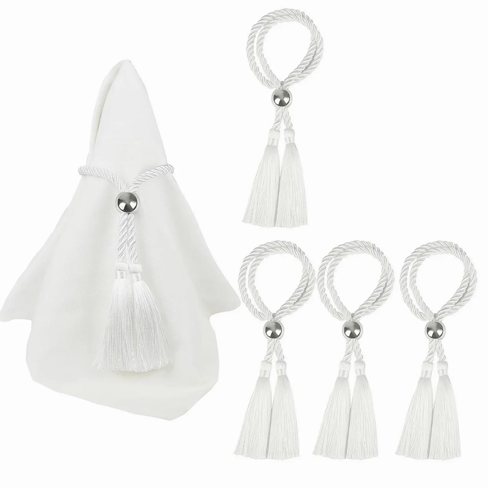 Lot de 12 ronds de serviette en perles faits à la main pour réunions de famille, fête de mariage, décoration de table (blanc)