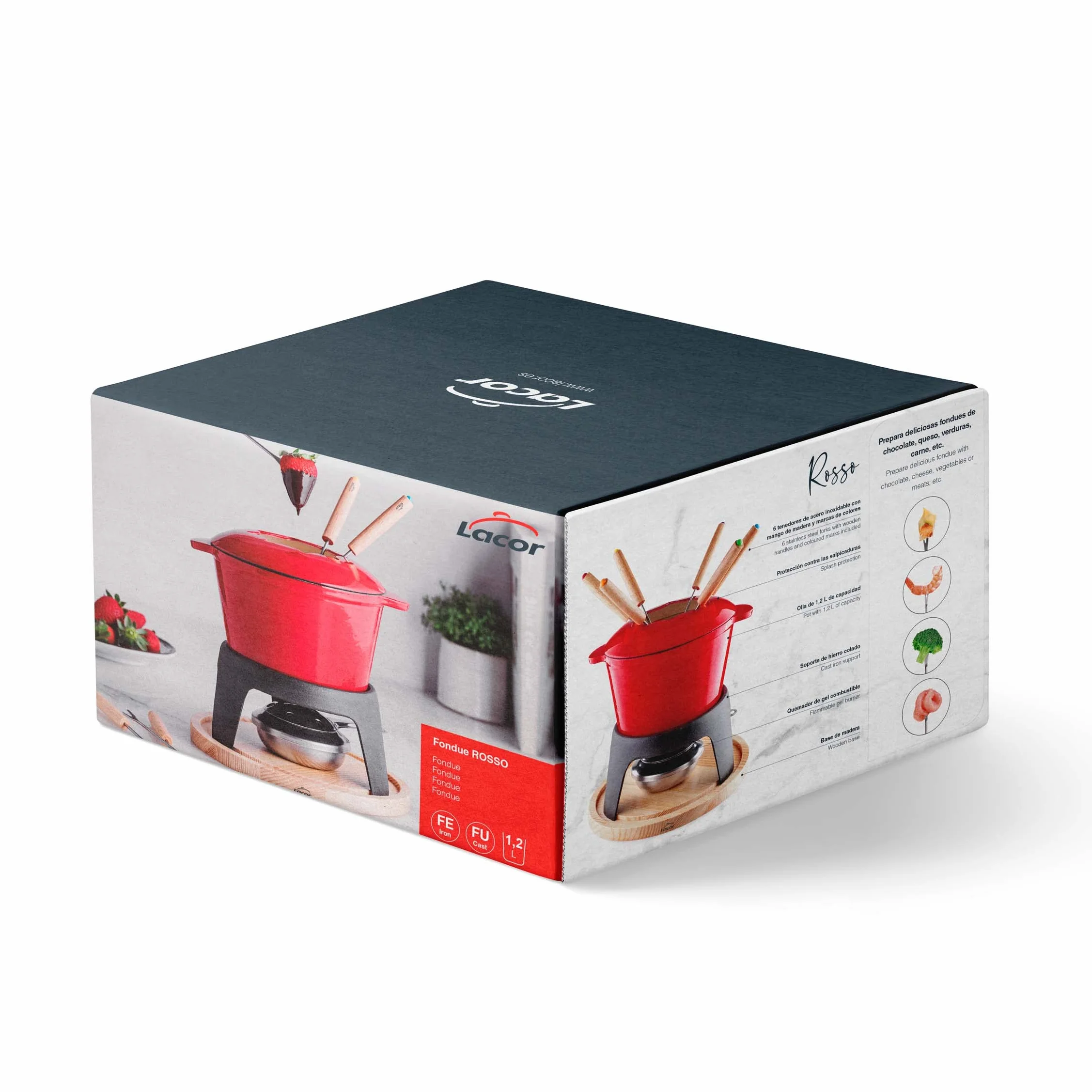 Lacor - 71711 - Service à fondue en fer forgé émaillé, support en fer avec base en bois, adapté à l'induction, 6 fourchettes Ø 16,5 x 10 cm (1,7 litres), Rouge
