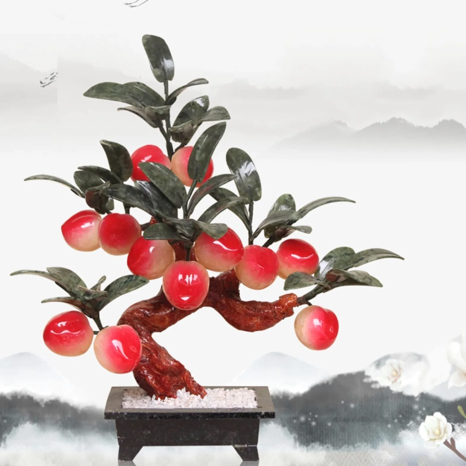 Bonsaï Artificiel Plante Artificielle en Pot de Jade sculpté artificiellement Pierre bonsaï Bonsai Arbre rocheuses artificielles longévité pêche Maison décoration Bureau Faux Arbre D'intérieur