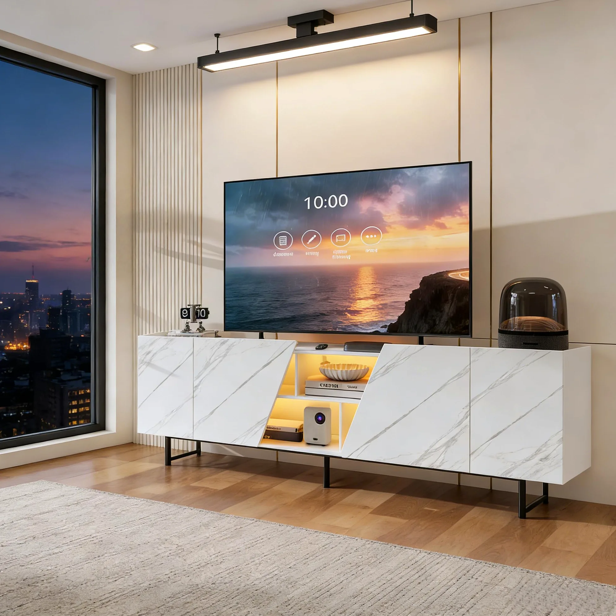 Meuble TV 220 cm avec éclairage LED RGB, Meuble TV Effet marbre avec 4 Portes et étagères Ouvertes, Meuble télévision Moderne avec Pieds en métal pour Salon