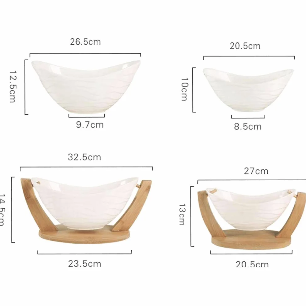 Créatif Bol De Fruits avec Support en Bambou, Berceau Saladier Bol à Collation Aux Fruits Vaisselle en Céramique Blanc,White-32cm(12.8inch)