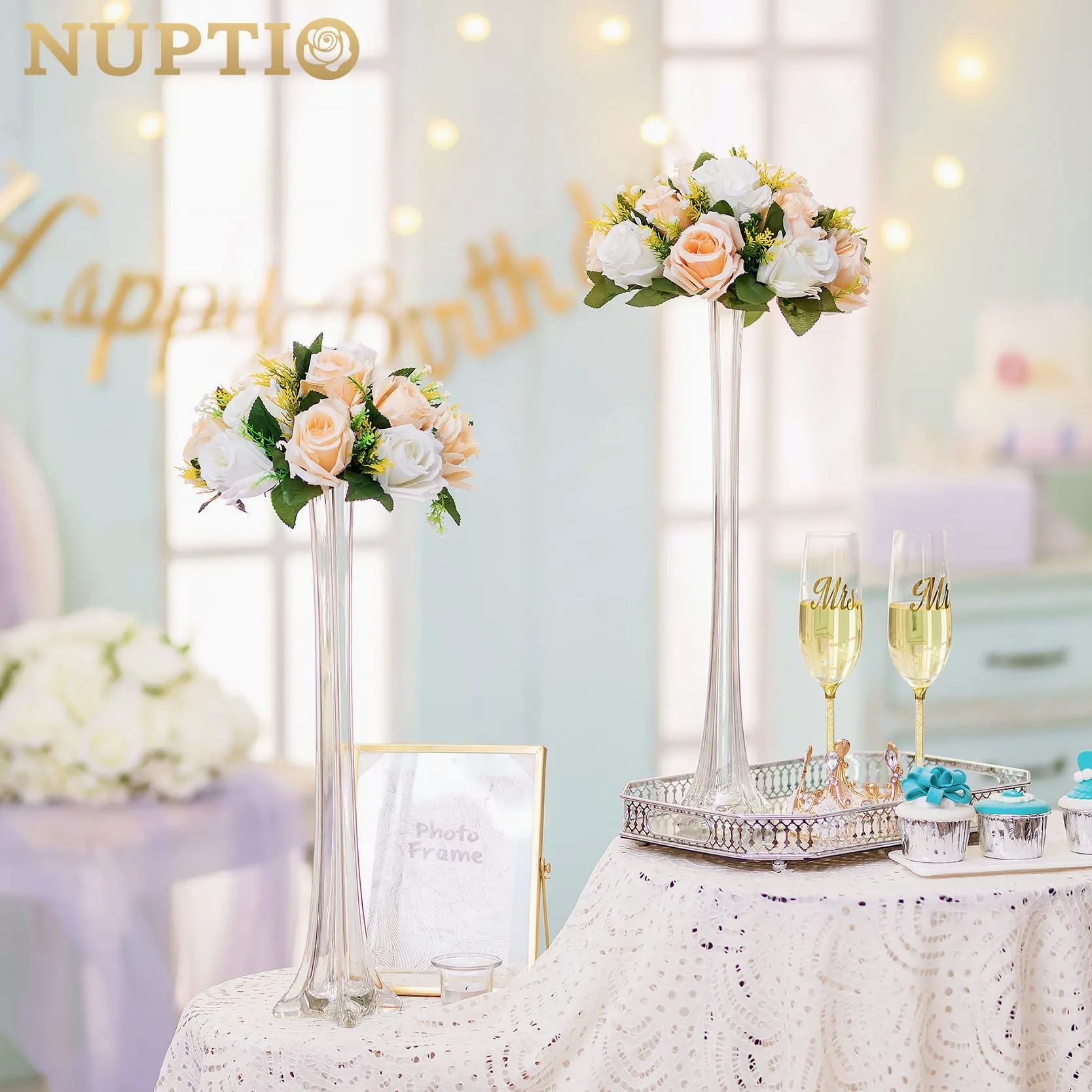 NUPTIO 10 Pièces Fleurs Artificielles, 15 Têtes de Roses Plastique avec Base, Convient au Centre de la Table Mariage Notre Magasin pour Les Fêtes Décoration de Saint Valentin(Champagne&Blanc)