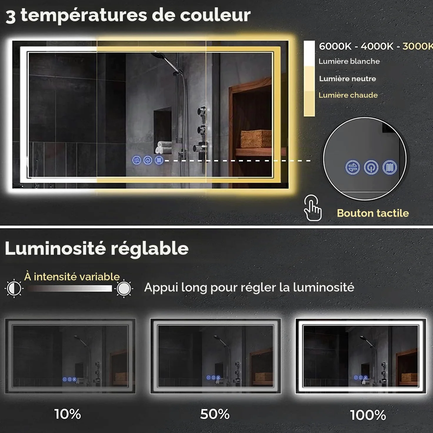 Miroir de Salle de Bain, avec éclairage, 120 x 70 cm, Miroir Mural et Interrupteur Tactile, IP65 LED, avec Fonction mémoire, 3 températures de Couleur, Horizontale/Verticale, Verre trempé HD