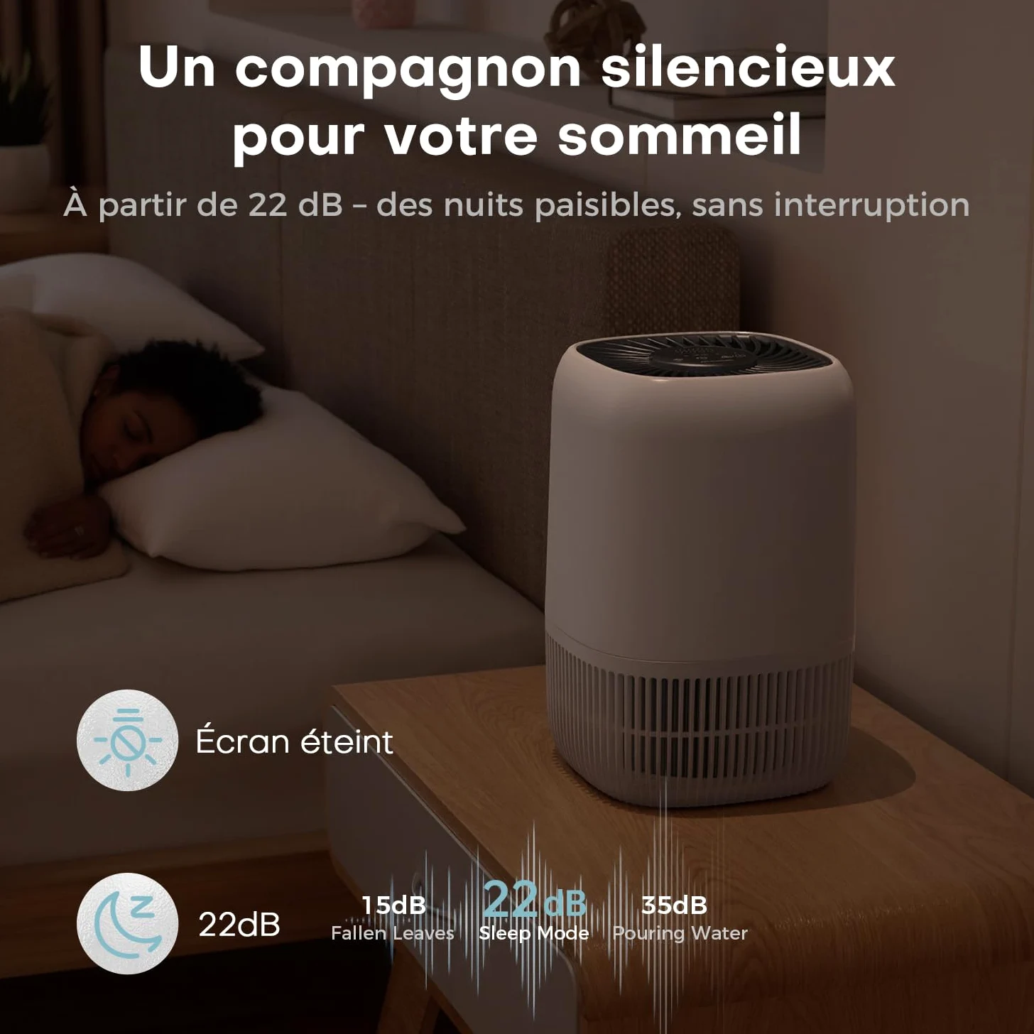 AROEVE Purificateur d'Air avec Filtre HEPA H13 à 3 Étages, Pour Chambre 20m², Silencieux 22 dB & Économie d'Énergie 5W, Élimine Pollen Fumée Poils d'Animaux, Fonction Aromathérapie