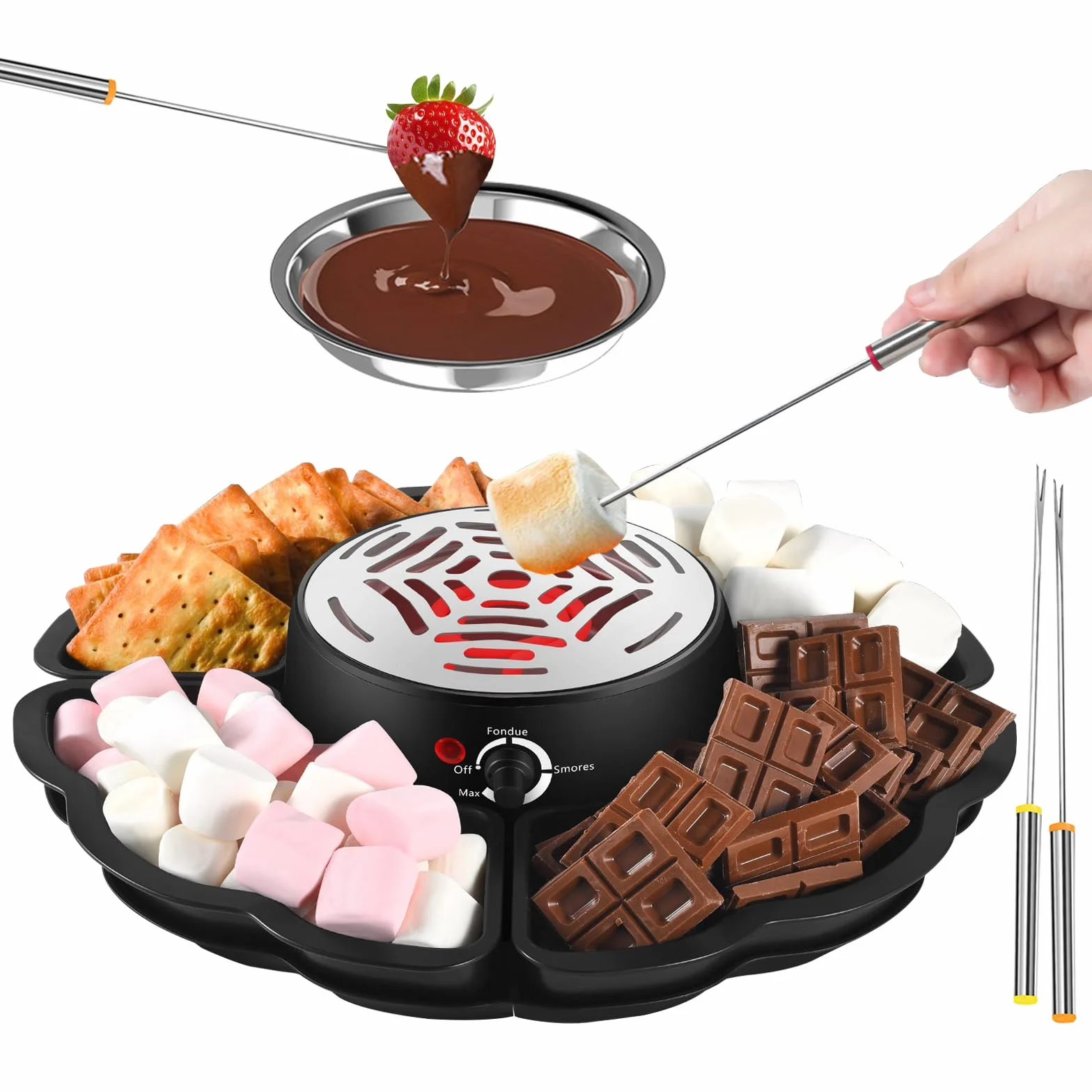 Set à fondue au chocolat 12 pièces avec plateau à fruits et biscuits, appareil 2-en-1 pour fondue et S’mores, chauffe-marshmallow électrique à température réglable, idéal pour fêtes et famille