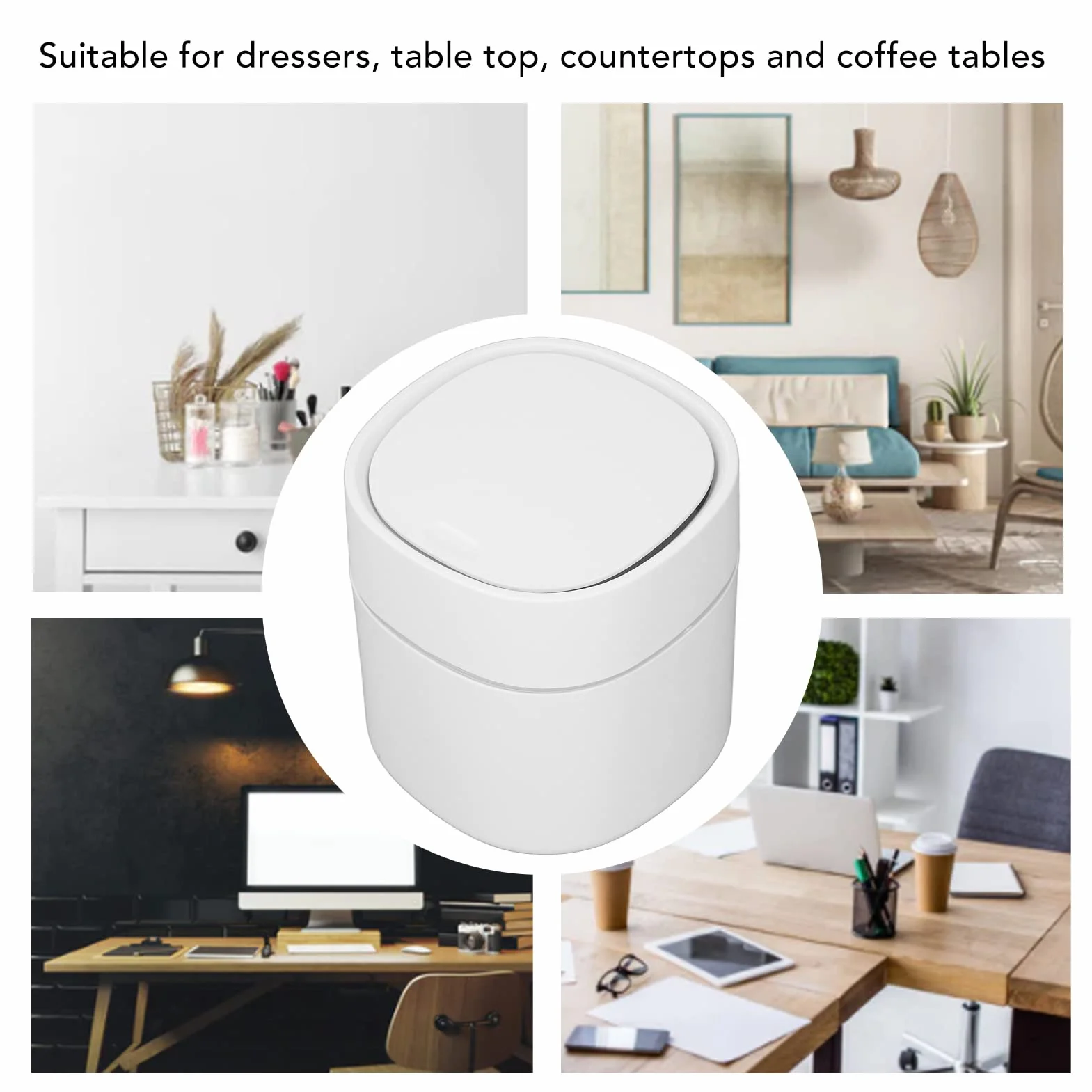 Mini Poubelle de Bureau, Petite Poubelle de Table compacte avec Couvercle ABS pour Rangement déchets, Design élégant pour comptoir, Bureau et Voiture, Blanc
