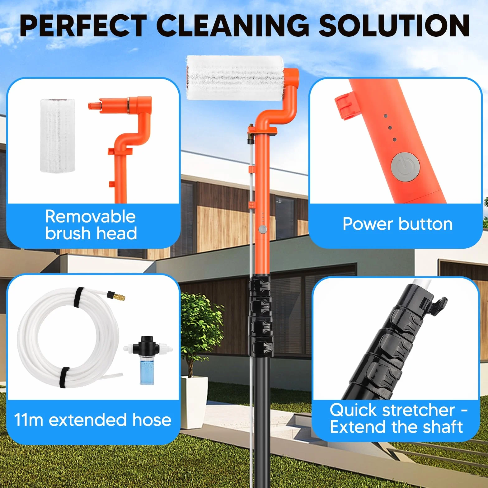 Brosse de Lavage électrique télescopique de 6,5 m - Brosse de Nettoyage électrique à Rouleau avec raccord de Tuyau pour systèmes PV, fenêtres, toits de terrasse et Nettoyage des serres