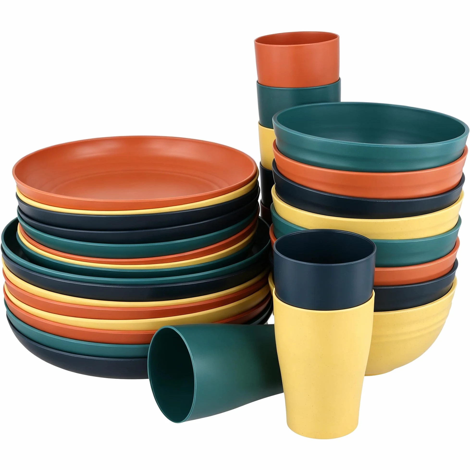 Service de table 32 pièces en plastique incassable - Assiettes plates, assiettes à salade, bols et tasses pour camping, pique-nique et fête, passe au micro-ondes et au lave-vaisselle