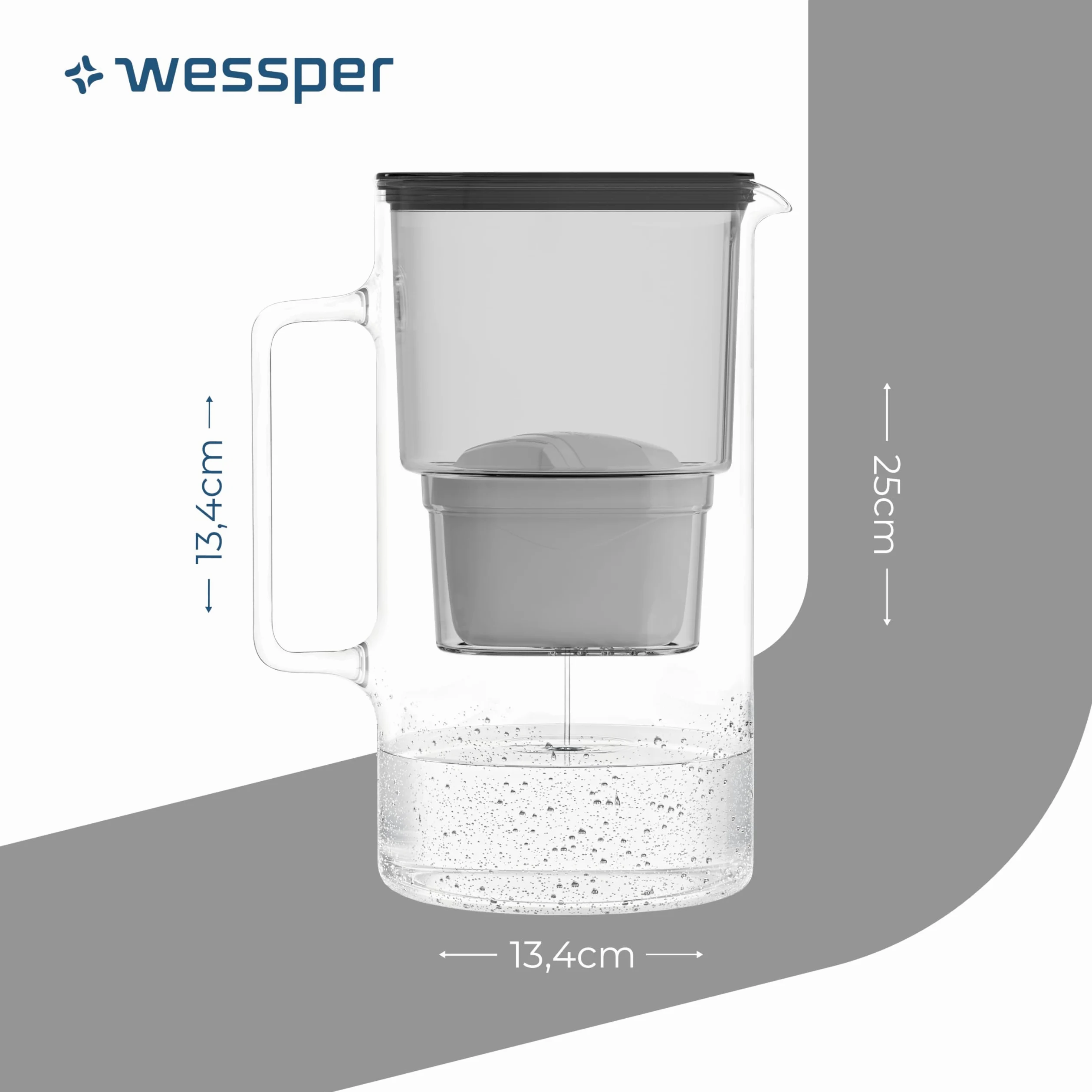 Wessper Carafe Filtrante en Verre 3L avec deux Filtres Eau, Compatibles avec Brita Maxtra, Brita Maxtra Plus, Kit Carafe avec 2 Cartouche Filtrante - Noir