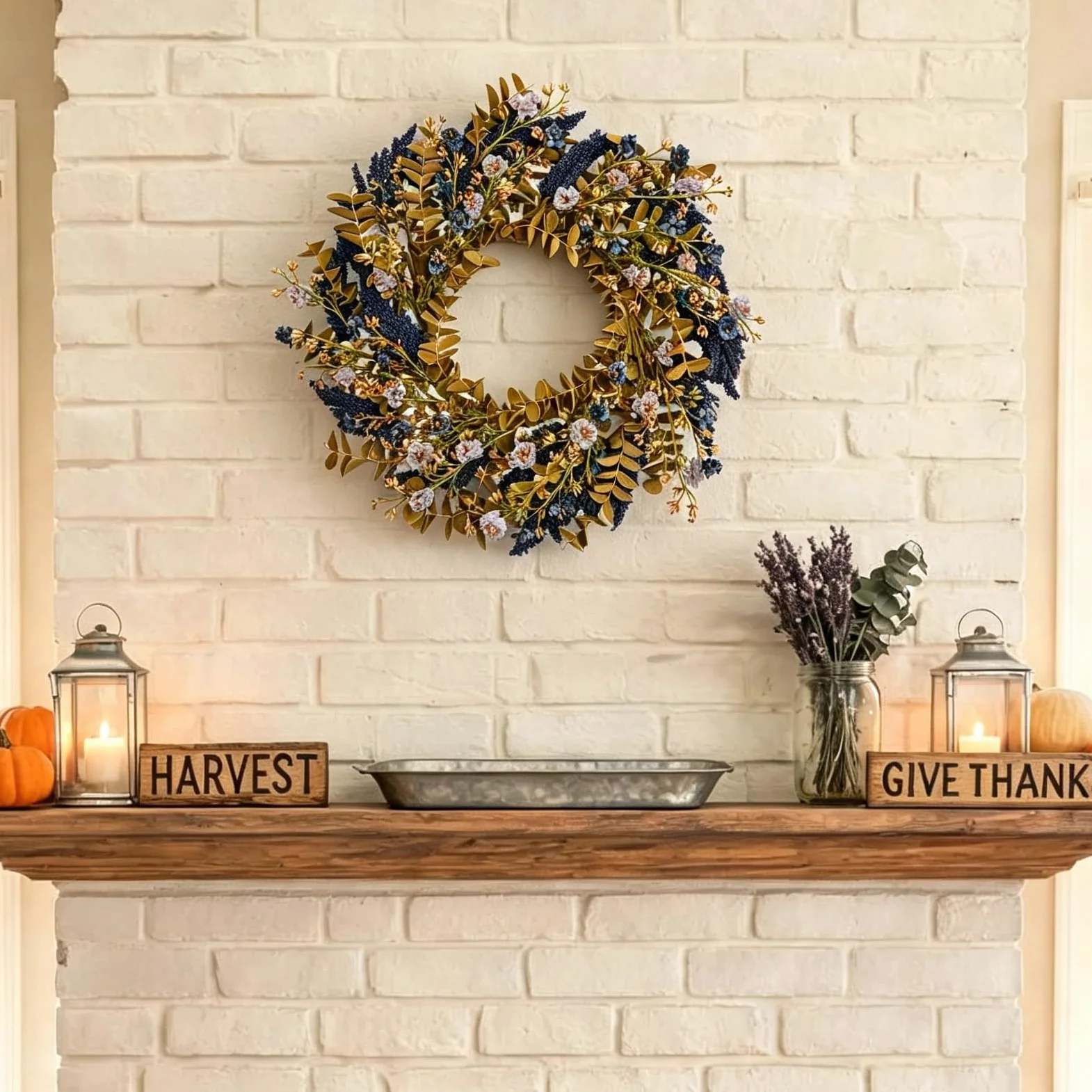 Couronne d'automne de 55,9 cm pour porte d'entrée avec buis et | Couronne de fleurs d'automne avec feuilles de buis douces au toucher pour intérieur et extérieur, couronne de fleurs sauvages