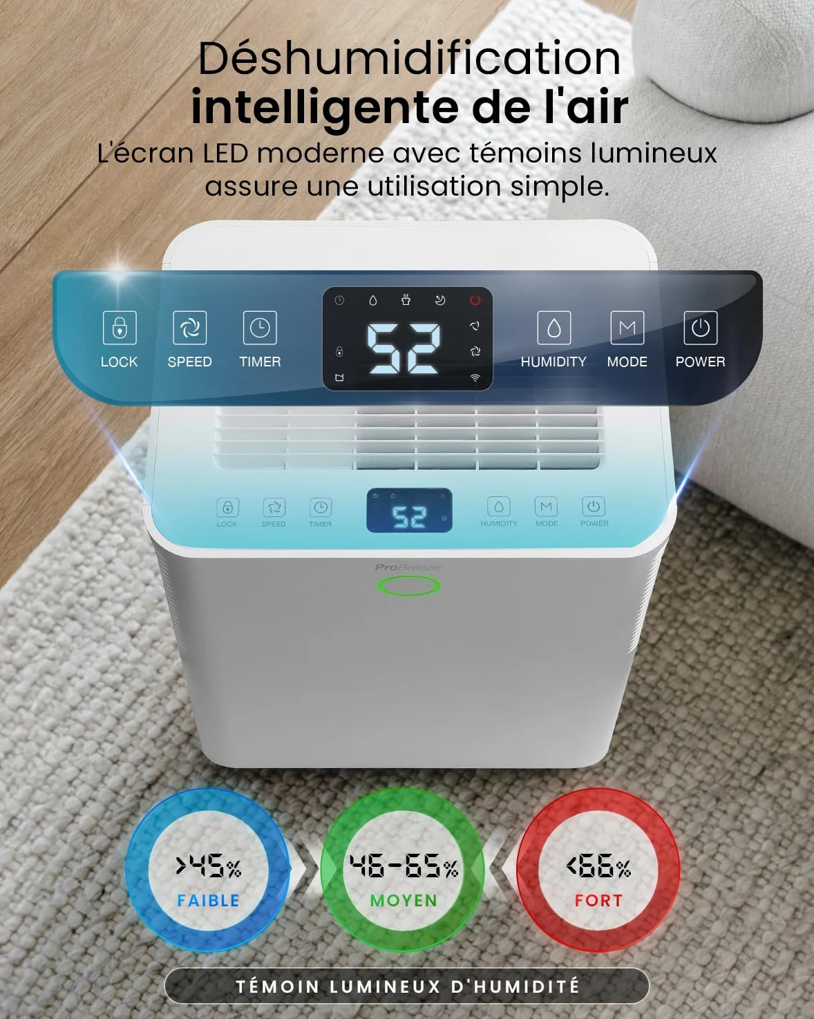 Pro Breeze OmniDry Déshumidificateur compresseur Intelligent 20L/Jour avec réservoir d'eau 4L, séchage du Linge & capteur d'humidité Auto - Absorbeur d’humidité, Contre moisissures & Condensation