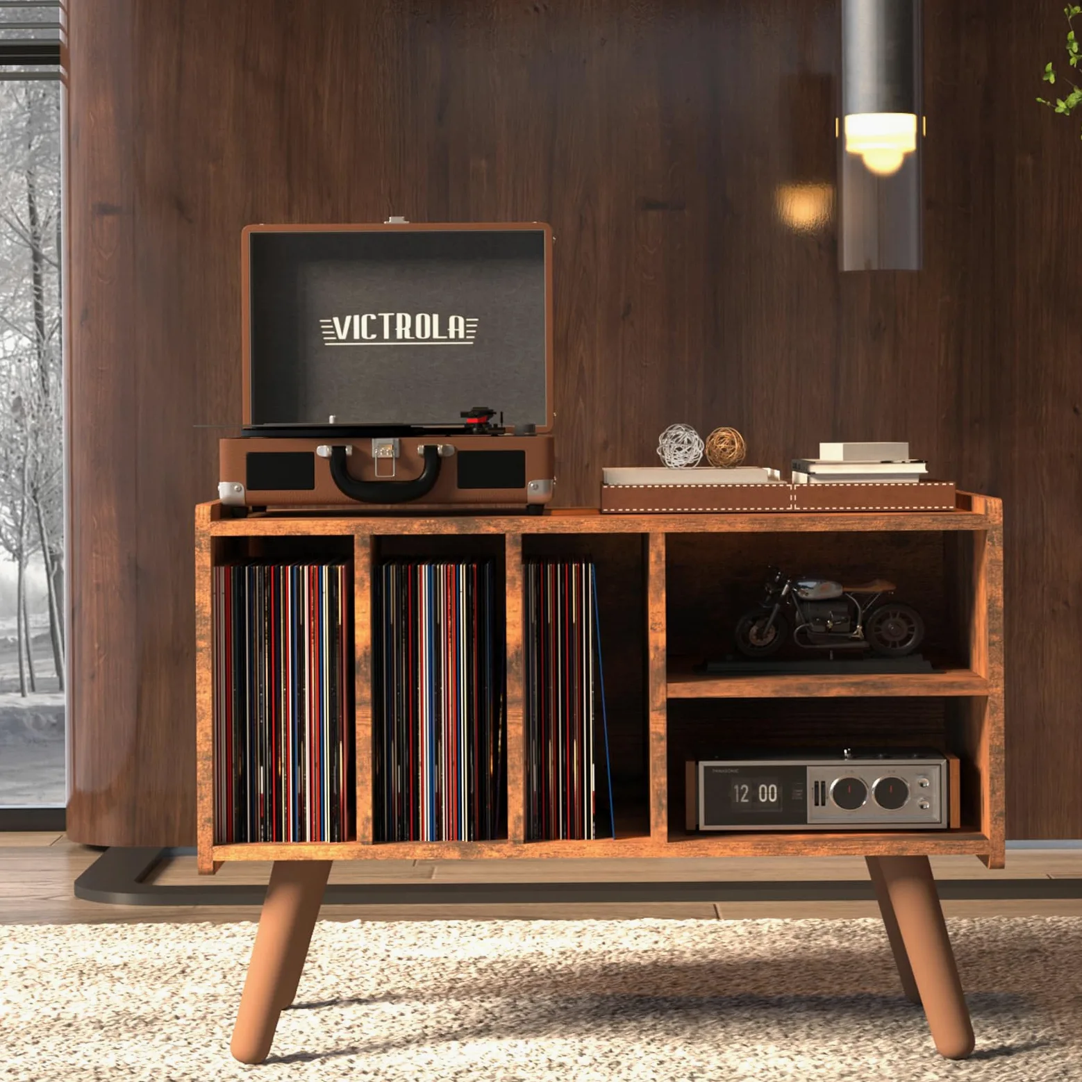 Support de Tourne-Disque Avec Rangement en Vinyle - Grande Table de Lecteur de Disques Pour Albums - Capacité de 136 kg - Support en Bois du Milieu du Siècle