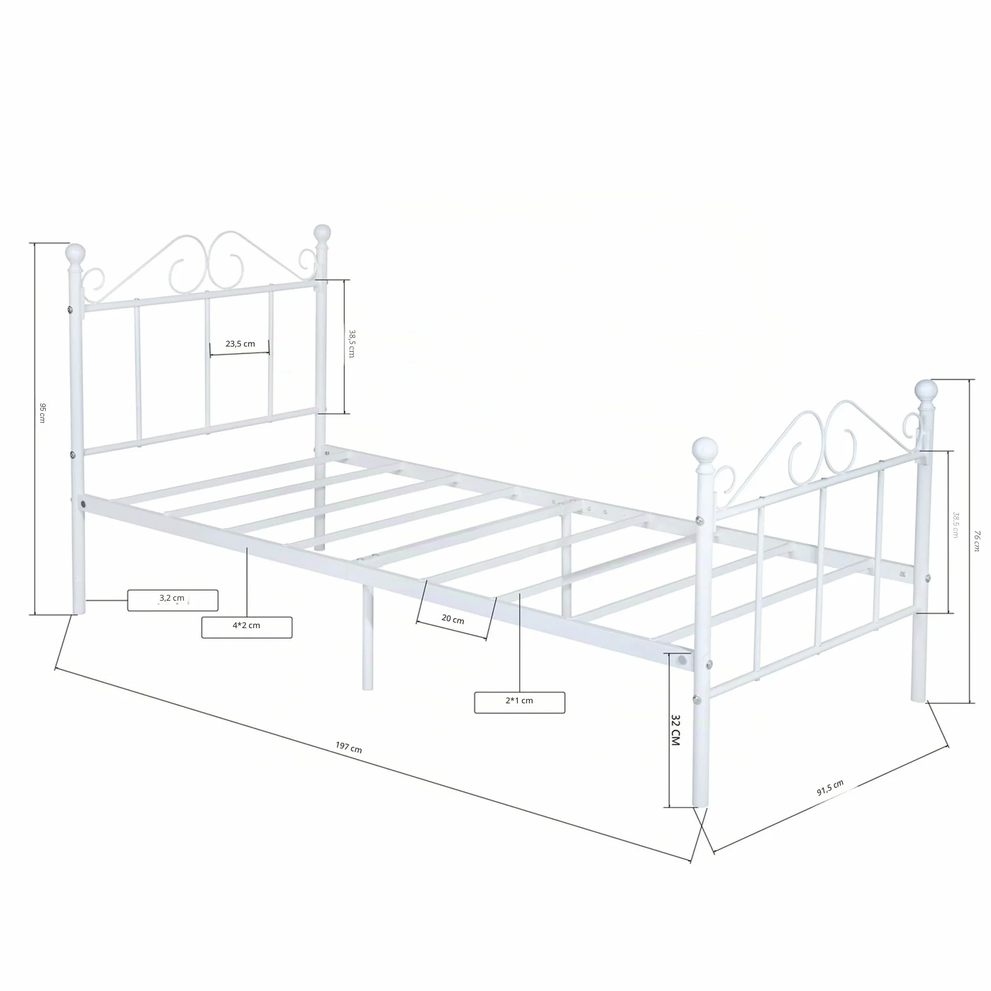 Cadre de Lit Enfant en Métal pour Matelas 90x190 cm, Lit Enfant Sol avec Sommier 90x190/Montage Facile/Convient comme pour Enfants/Ado/Adolescent Garcon/Fille/Senior/Blanc/Style A