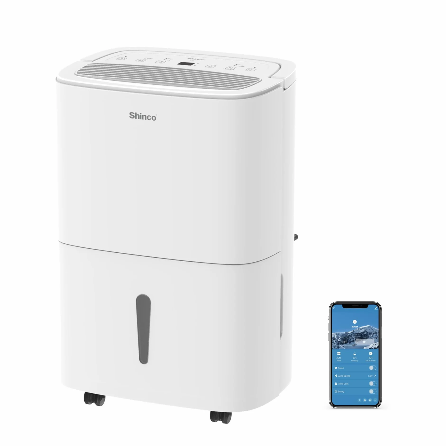 SHINCO WIFI/APP Portable Déshumidificateur Portable 30L/Jour, Purificateur d'air with Filter à Charbon Actif，Déshumidification automatique, Minuterie 24h, Drainage Continu, Fonction Sèche-Linge