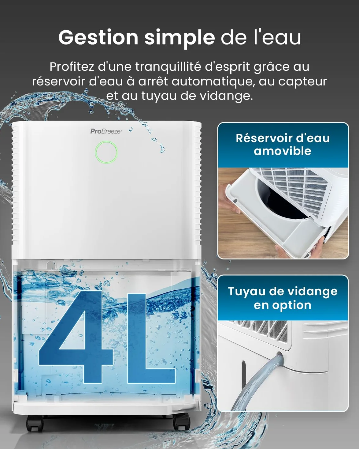 Pro Breeze OmniDry Déshumidificateur compresseur Intelligent 20L/Jour avec réservoir d'eau 4L, séchage du Linge & capteur d'humidité Auto - Absorbeur d’humidité, Contre moisissures & Condensation