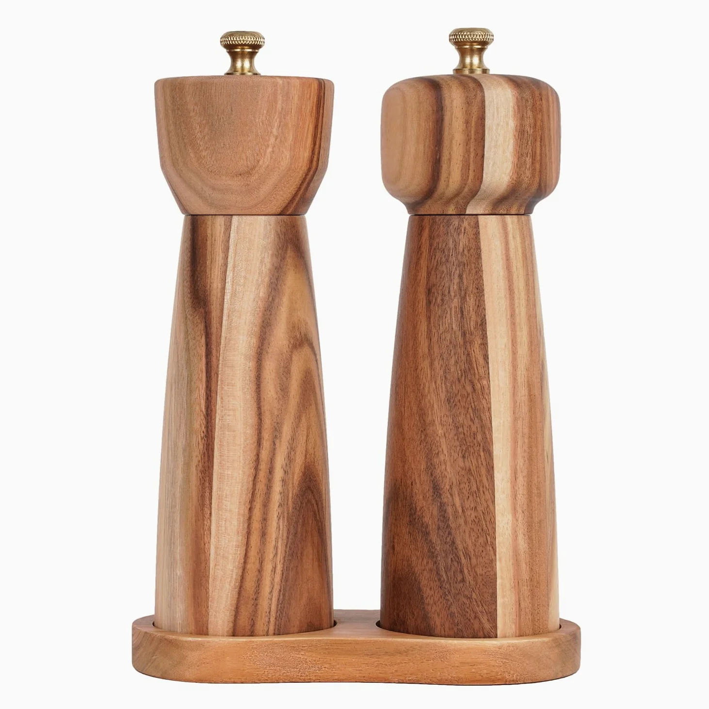 Ensemble de moulins à sel et à poivre avec dessous de moulin, broyeur réglable en céramique, moulin à sel, moulin à poivre en acier inoxydable, bois d'acacia, 20,5 cm de hauteur, fond