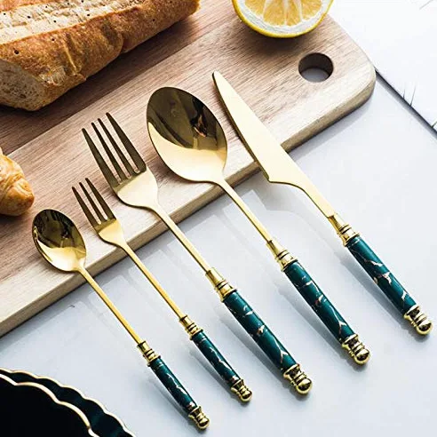 Ensemble de couverts en argenterie, 30 pièces, ensemble, vaisselle, manche céramique marbre, couteau, fourchette, cuillère, à steak, dessert, lavable au lave-vaisselle, vert