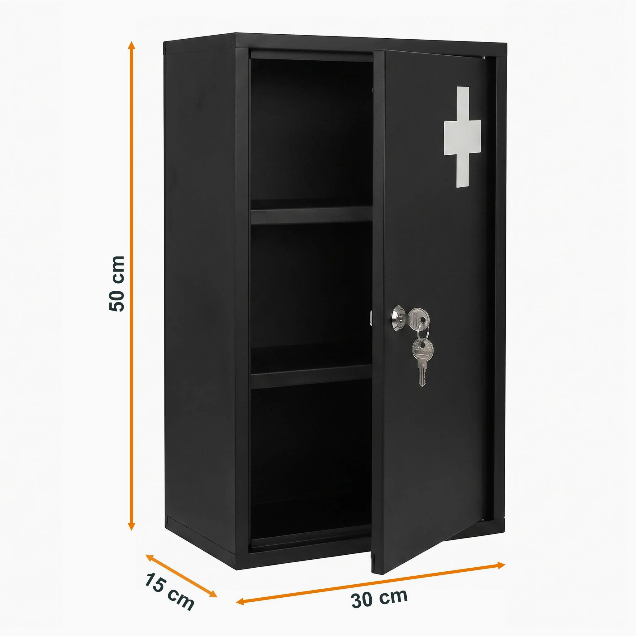 Spetebo Armoire à pharmacie en métal - 50 x 30 cm - Verrouillable - Avec 2 clés - Noir - Armoire à pharmacie avec 3 compartiments - Armoire à pharmacie à domicile