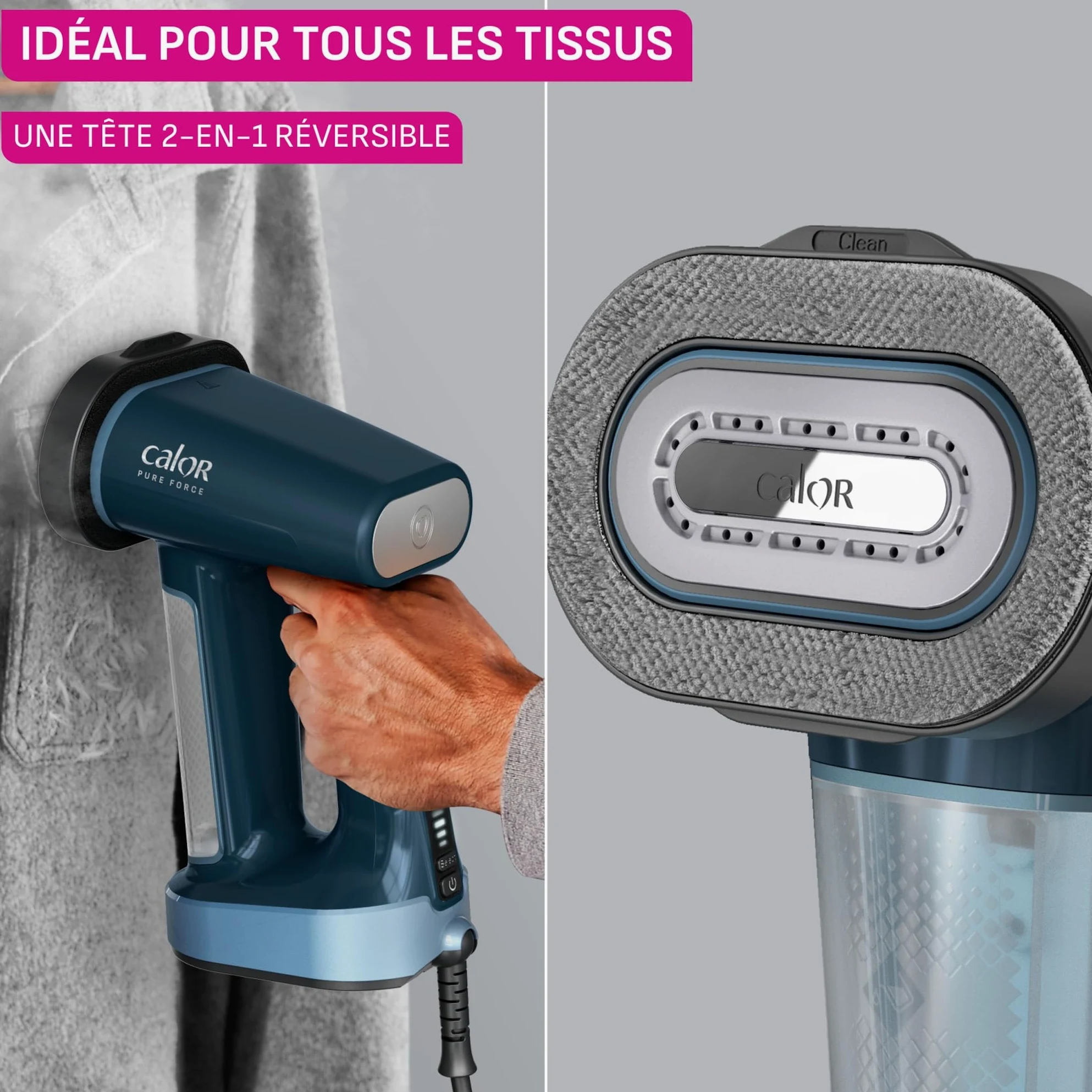 Calor Pure Force 3en1, Défroisseur à main et fer à repasser, Utilisation verticale/horizontale, Nettoie, 1800W, 35g/min, Prêt en 25s, DT8755C0, Bleu Métallisé