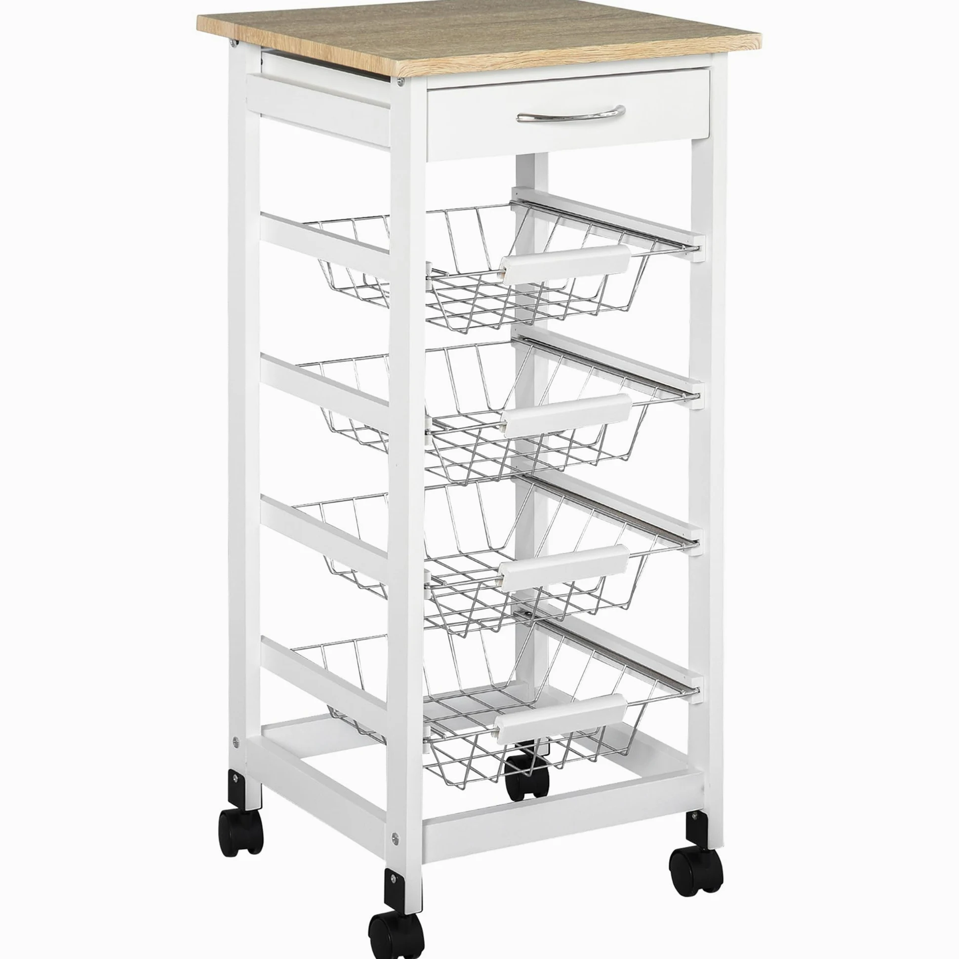 HOMCOM Desserte Cuisine à roulettes, 4 Paniers Métal + Tiroir, Blanc | Chariot de Cuisine, Chariot de Service, Rangement Légumes, Petit Espace, Salle de Bain, Bois de Pin