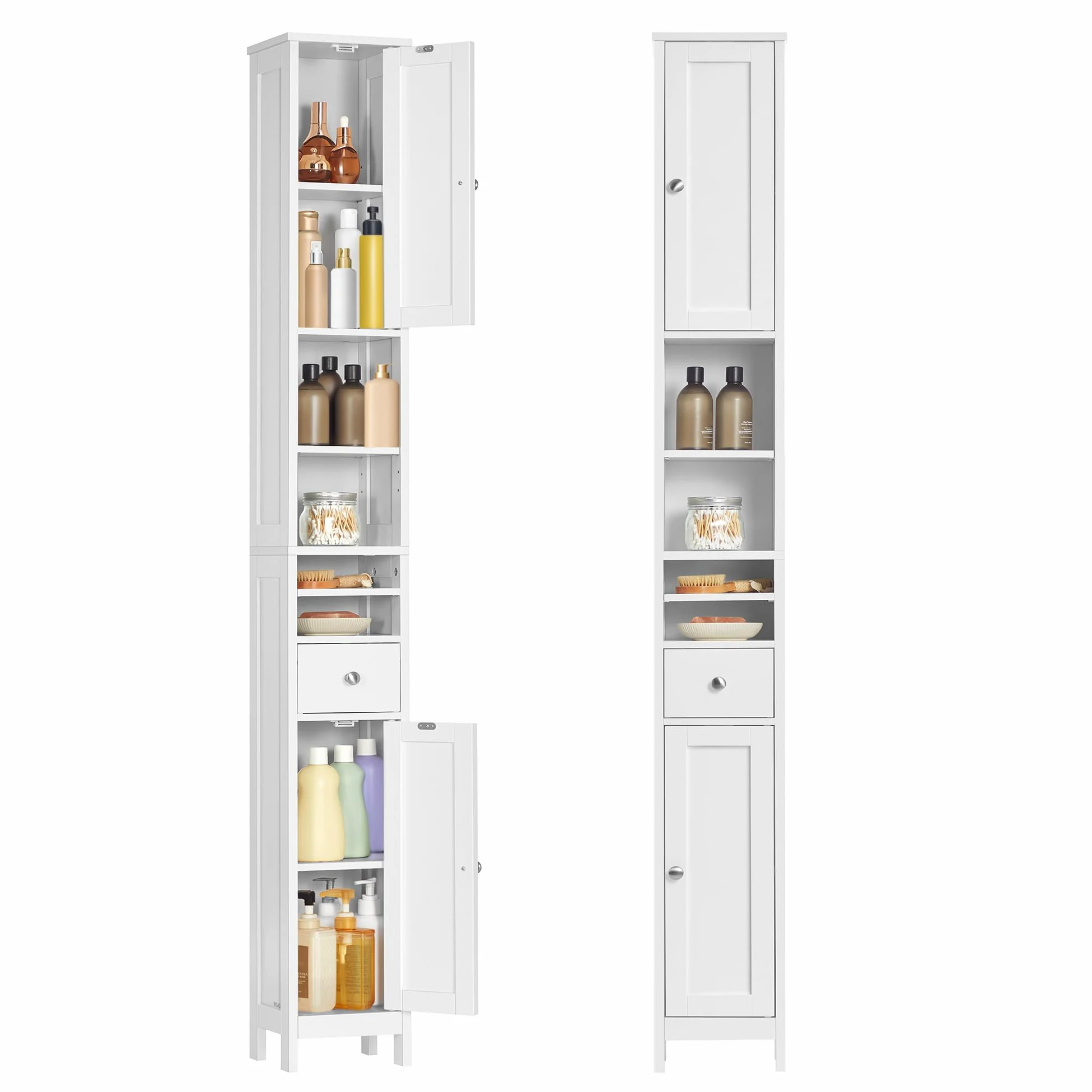 VASAGLE Colonne Salle de Bain Haute, Meuble Salle de Bain Etroit, avec Étagères Réglables, Tiroir, Compartiments Ouverts, pour Les Petits Espaces, Moderne, Blanc Nuage BBC765W01