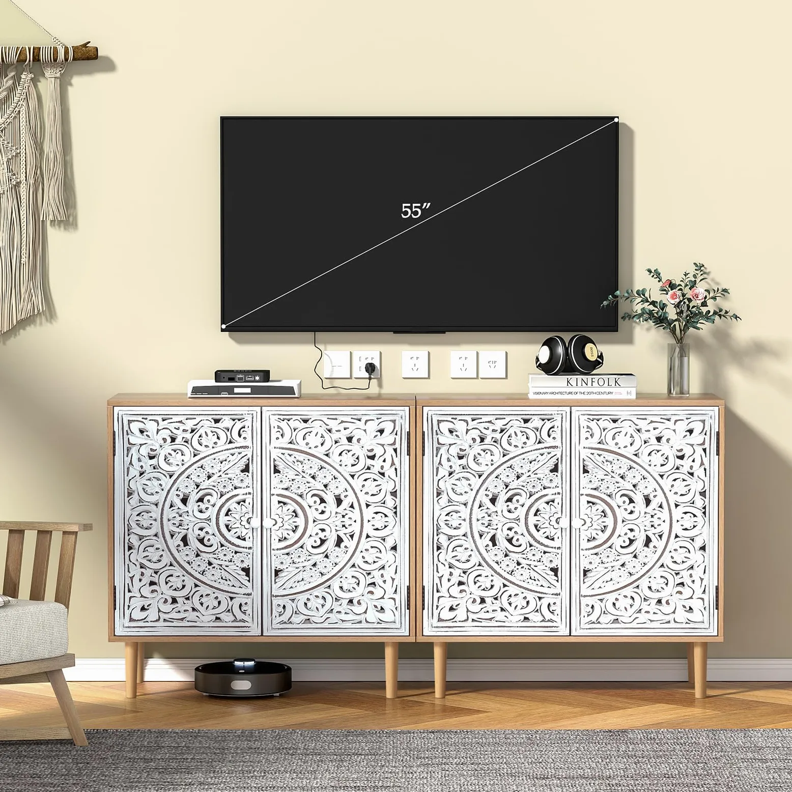 Buffet Bois Sculpté, Meuble de Rangement Cuisine Bas, Meuble Bas avec Pieds en Bois Massif, Étagères Réglables, Armoire de Rangement pour Salon, Cuisine, Chambre, Blanc