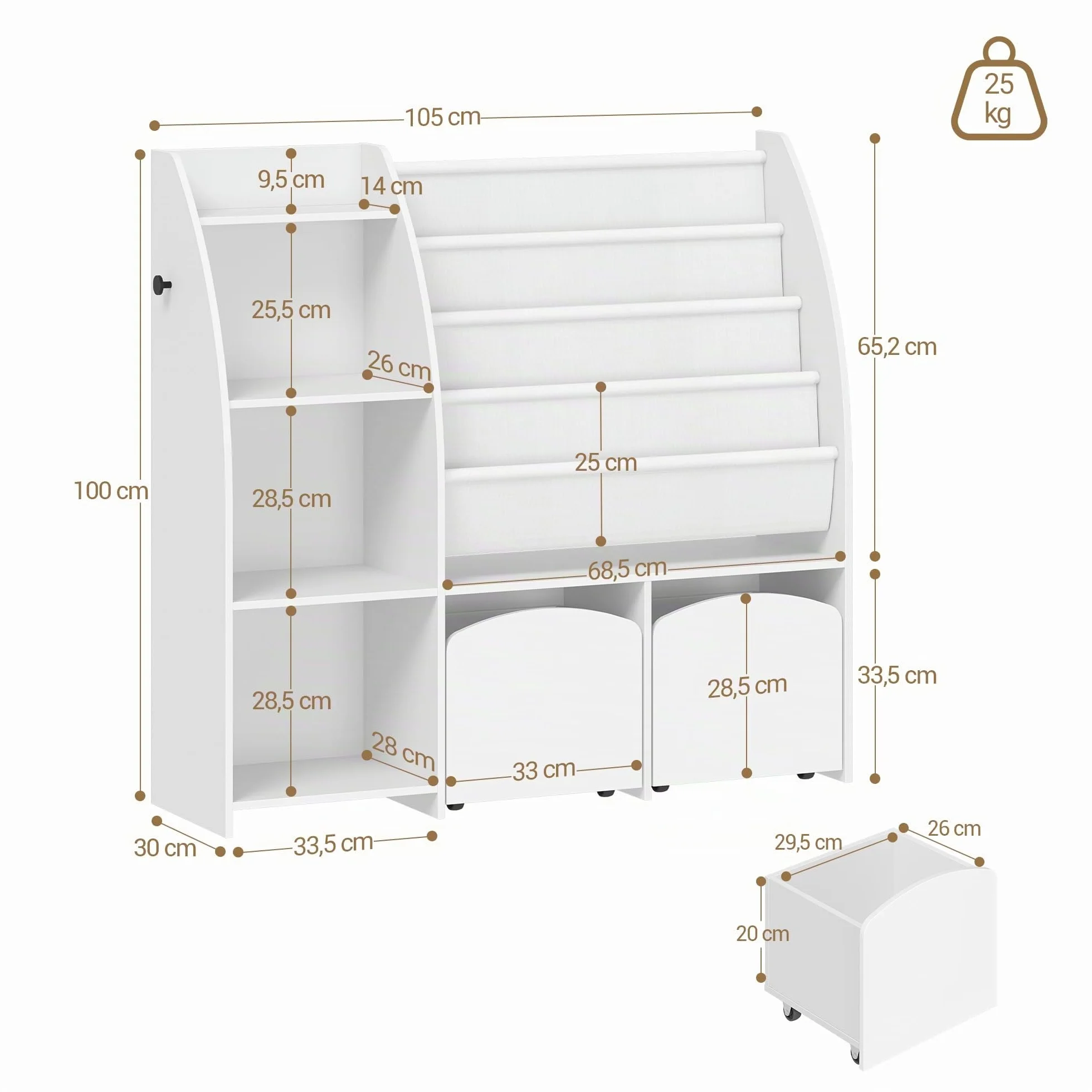 Hzuaneri Bibliothèque Enfant avec Porte-journaux, Meuble Rangement Enfant, Étagère à Jouets avec 2 colonnes, 4 étagères, 30 x 105 x 100 cm, Blanc KB12003W